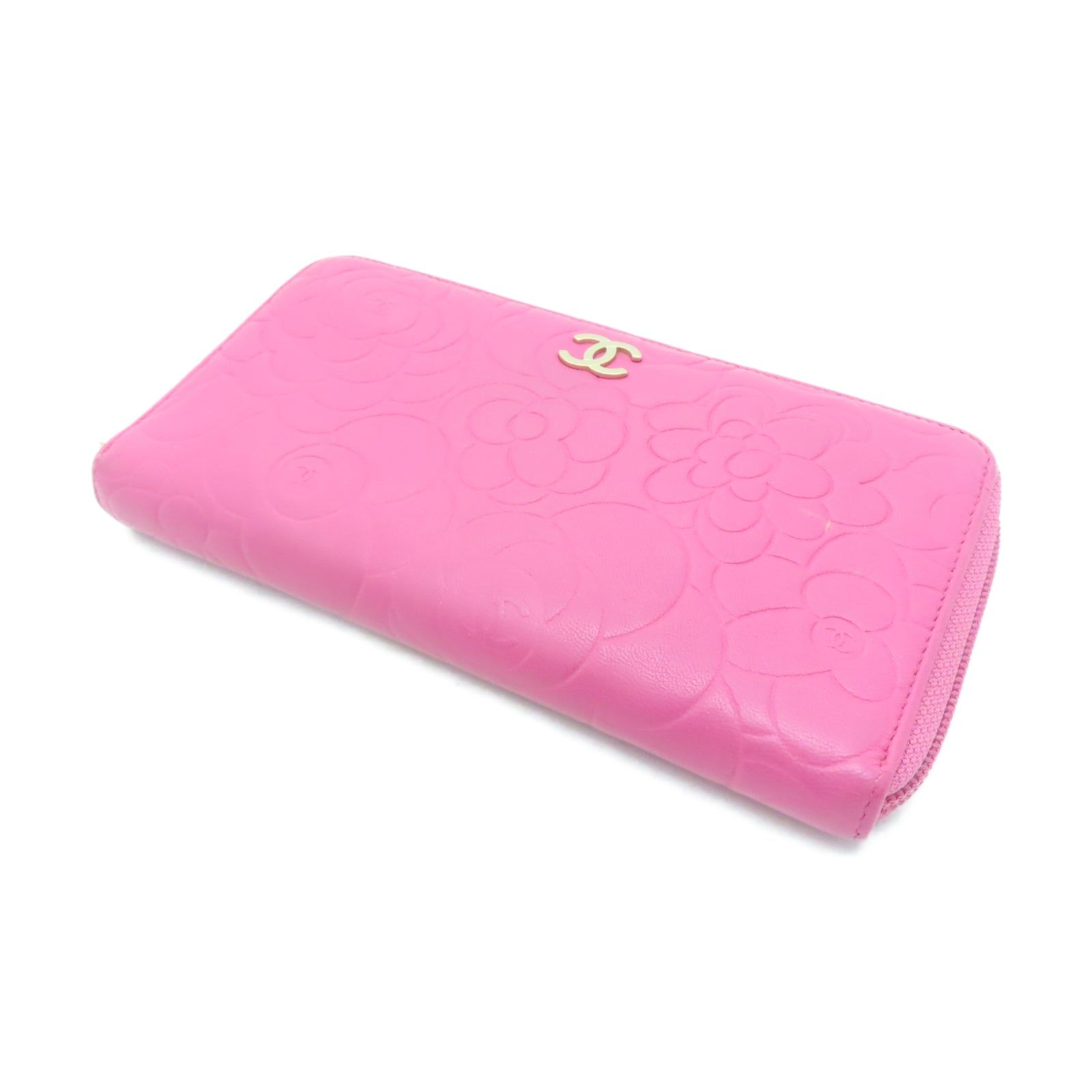 CHANEL Sheepskin Leather Wallet Gold Buckle Long Wallet Pink
