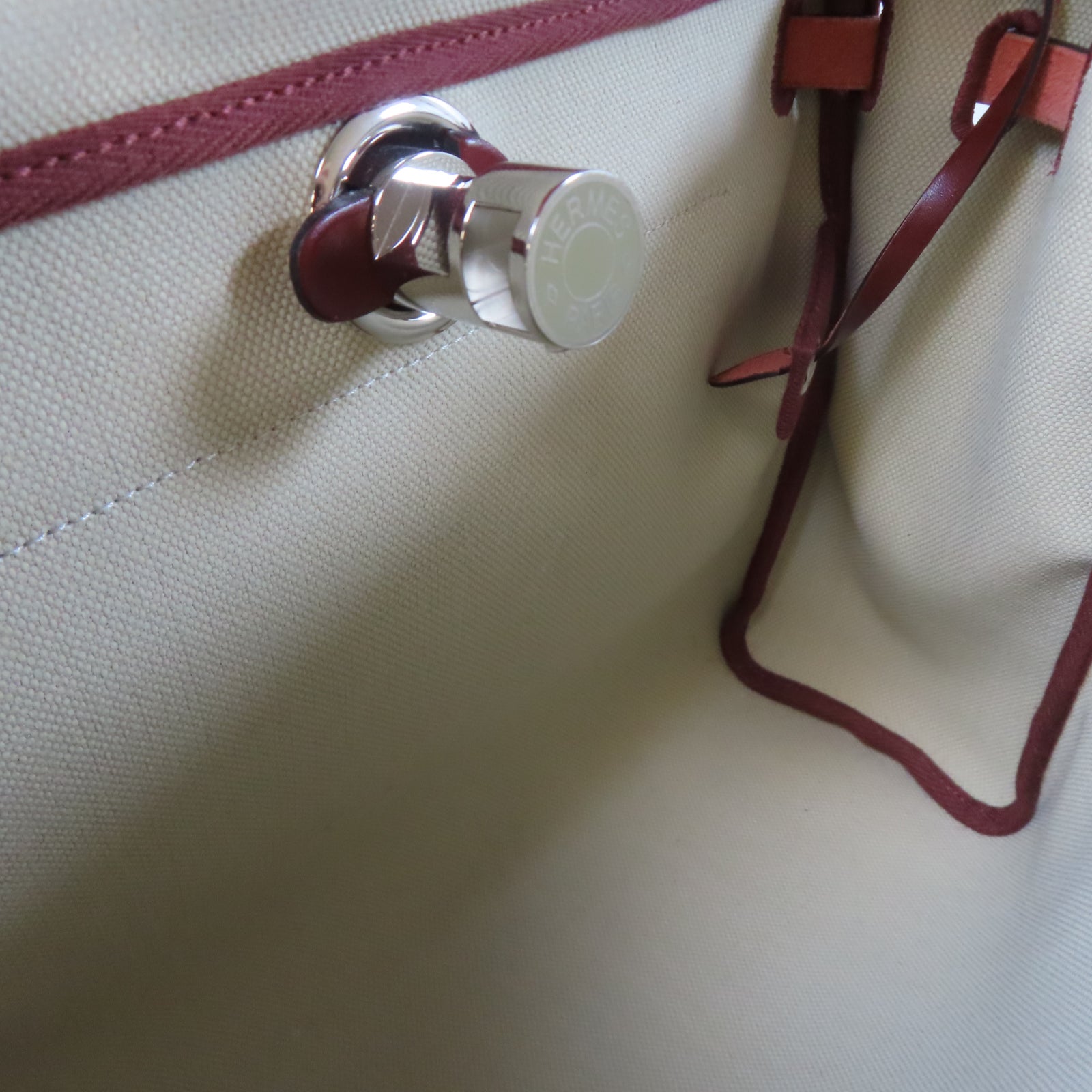 HERMES 帆布Herbag PM銀扣手挽肩背兩用袋奶油白色/紅色