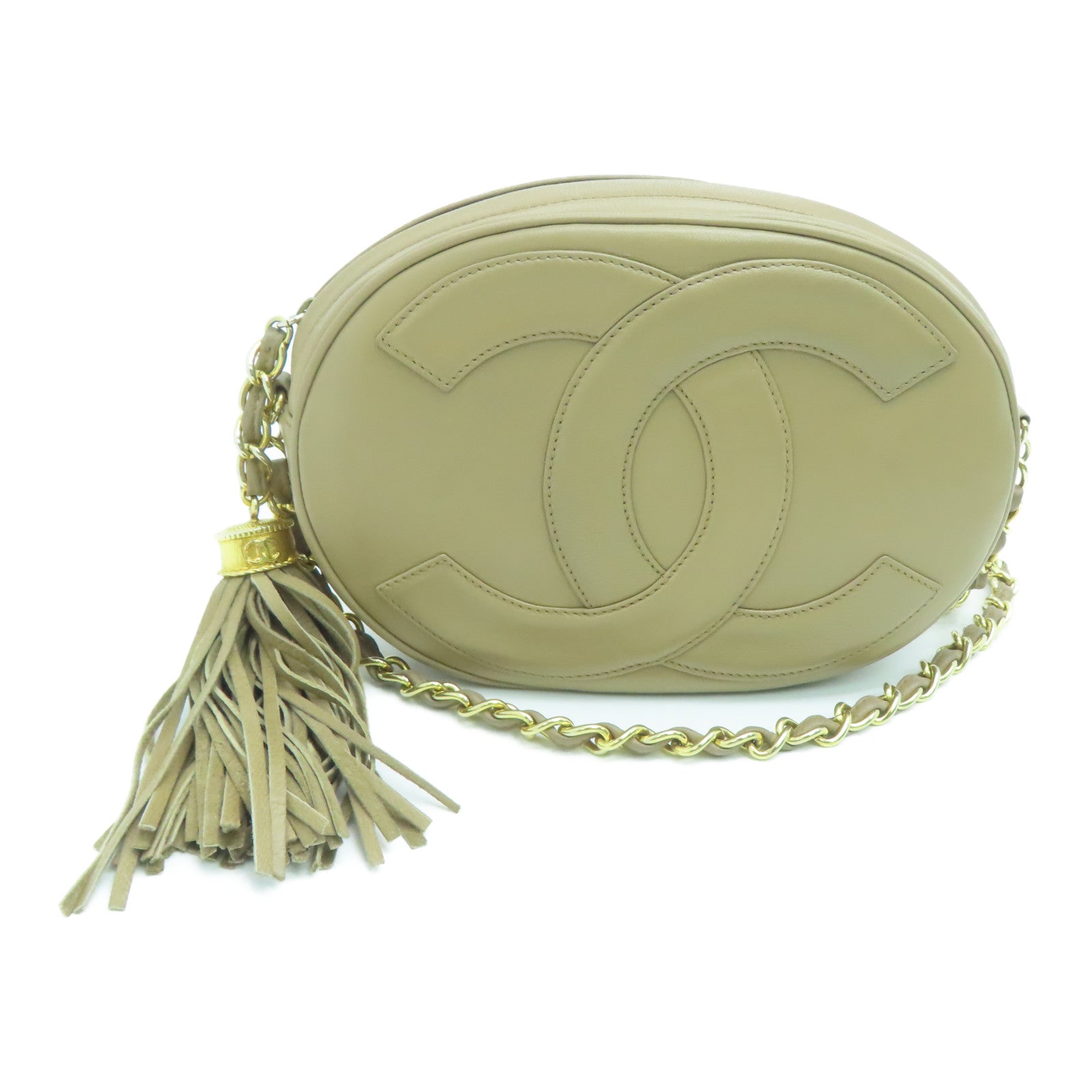 CHANEL 羊皮皮革Chain Shoulder金扣链带肩背袋杏色