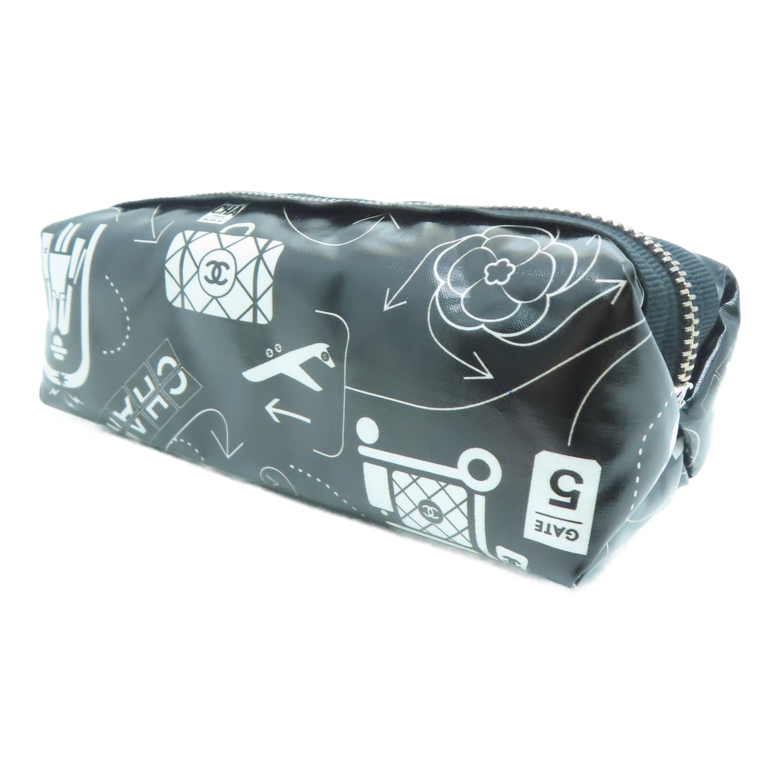 CHANEL 塗層尼龍Pencil Case銀扣手拿包黑色/白色