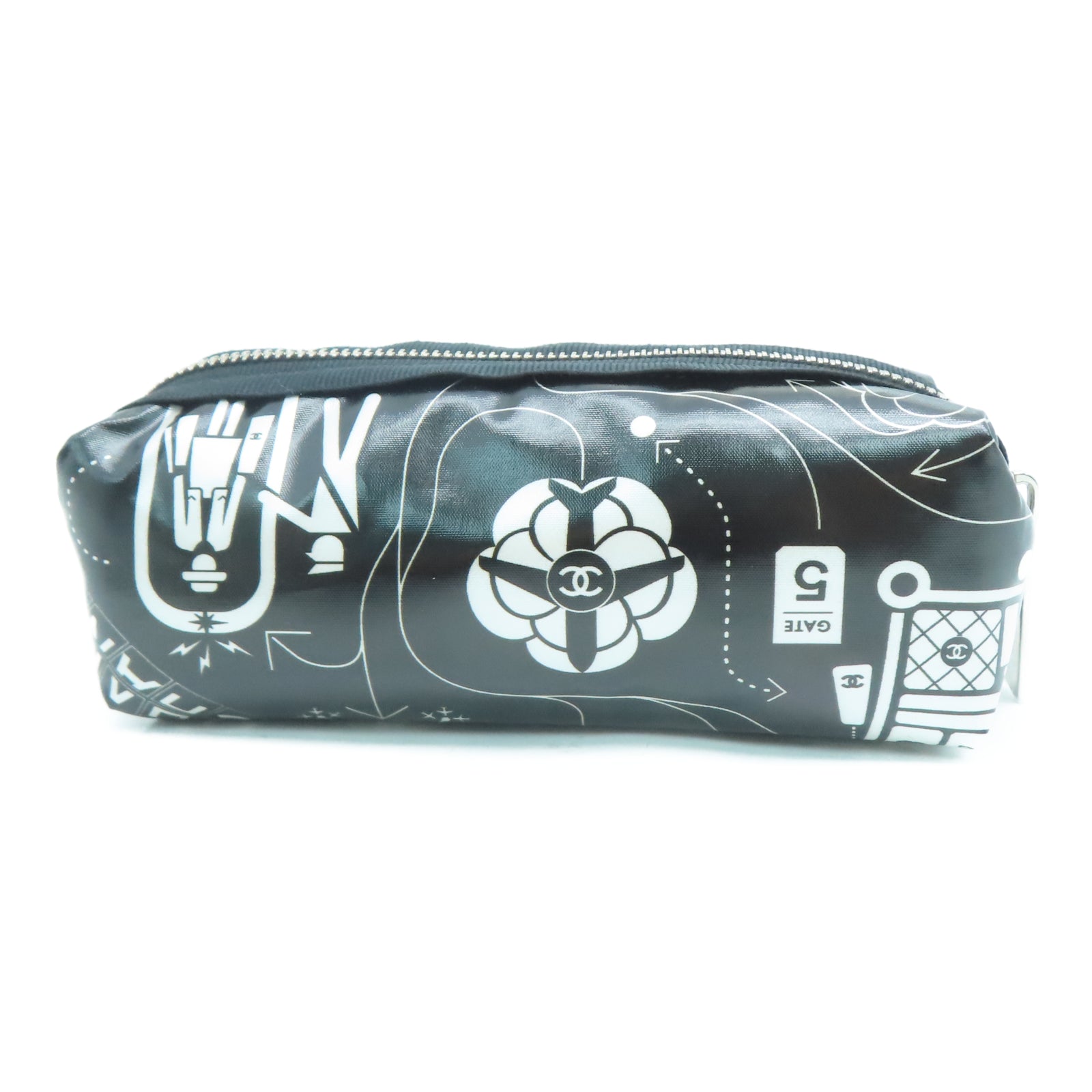 CHANEL 塗層尼龍Pencil Case銀扣手拿包黑色/白色