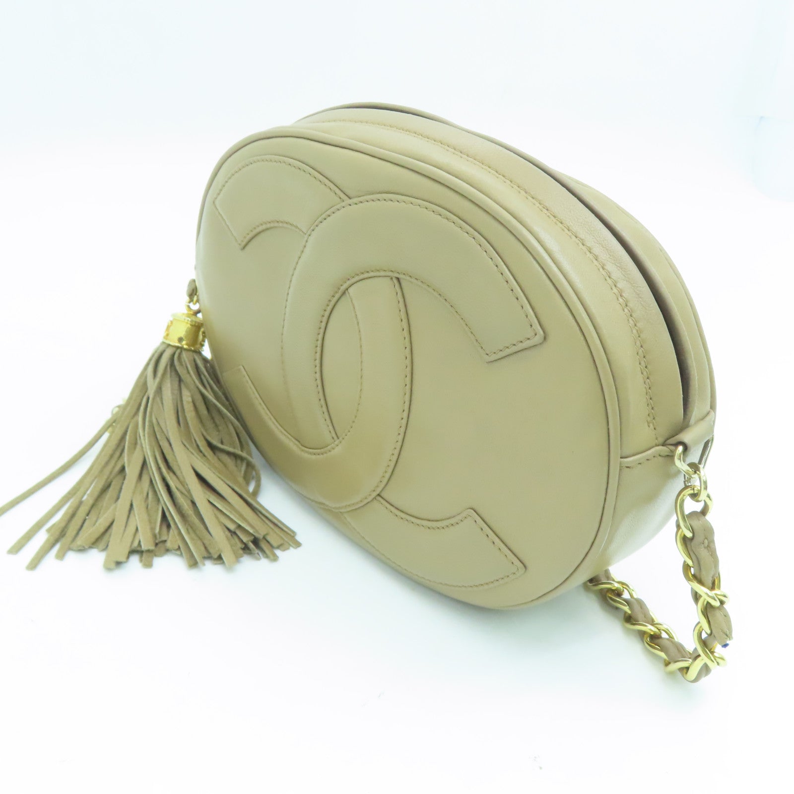 CHANEL 羊皮皮革Chain Shoulder金扣链带肩背袋杏色