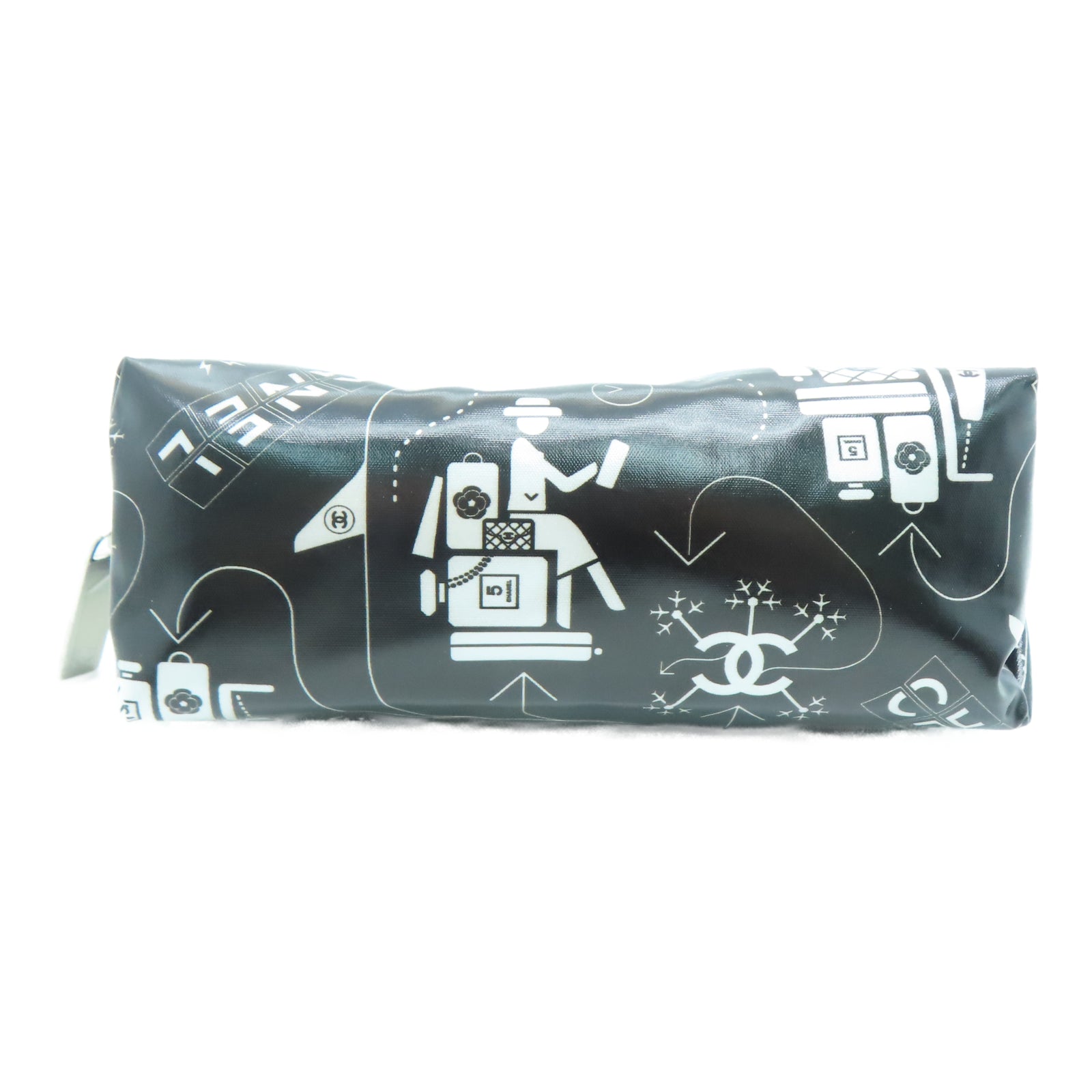CHANEL 塗層尼龍Pencil Case銀扣手拿包黑色/白色