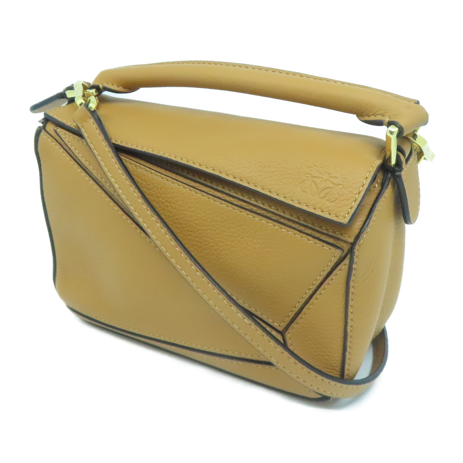 LOEWE 牛皮皮革Mini Puzzle金扣手挽肩背兩用袋啡色