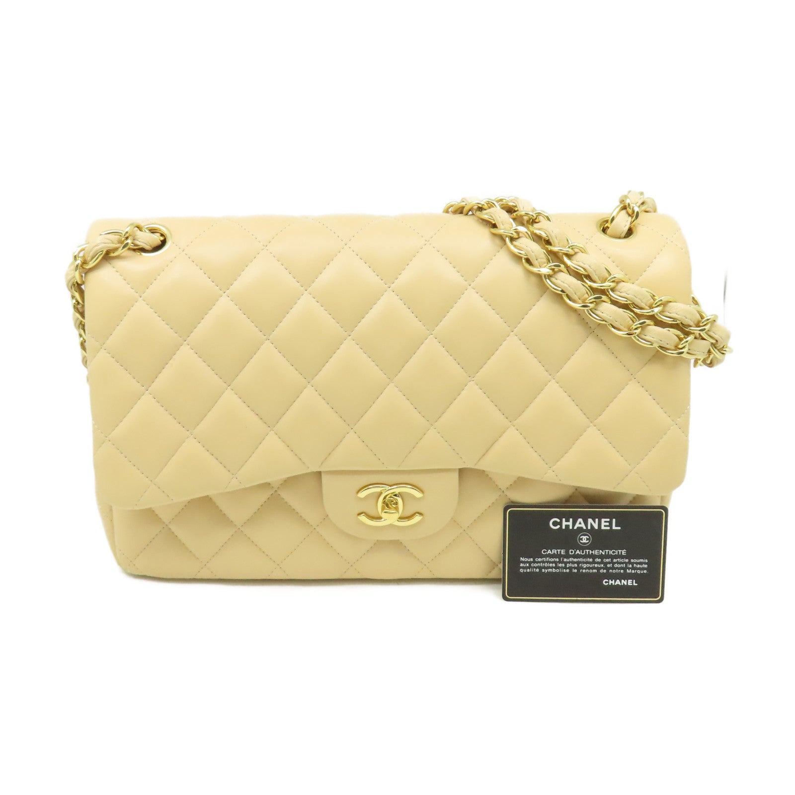 CHANEL 【激減優惠】菱格羊皮皮革Jumbo Chain Shoulder Bag金扣鏈帶肩背袋杏色