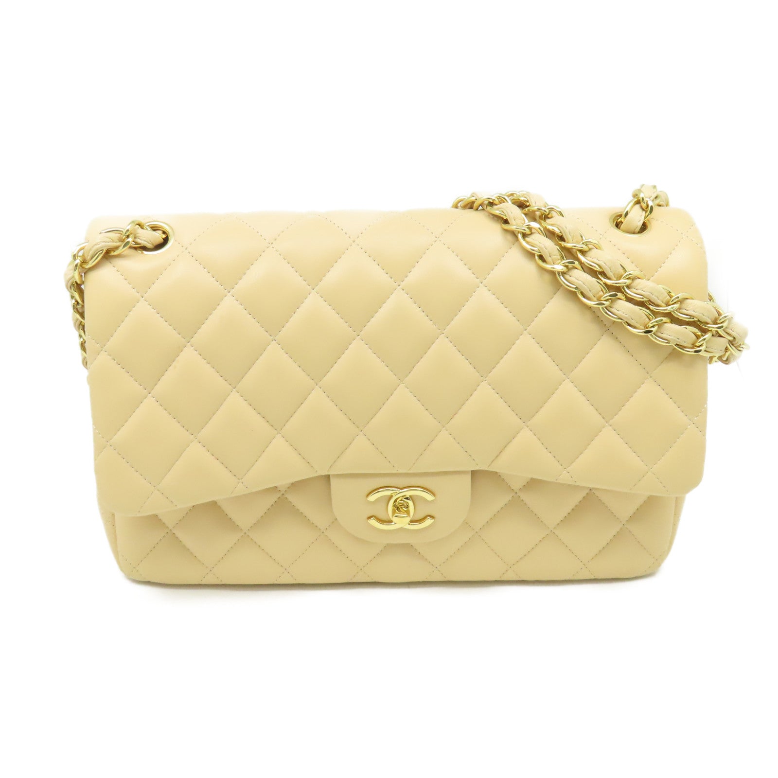 CHANEL 【激減優惠】菱格羊皮皮革Jumbo Chain Shoulder Bag金扣鏈帶肩背袋杏色