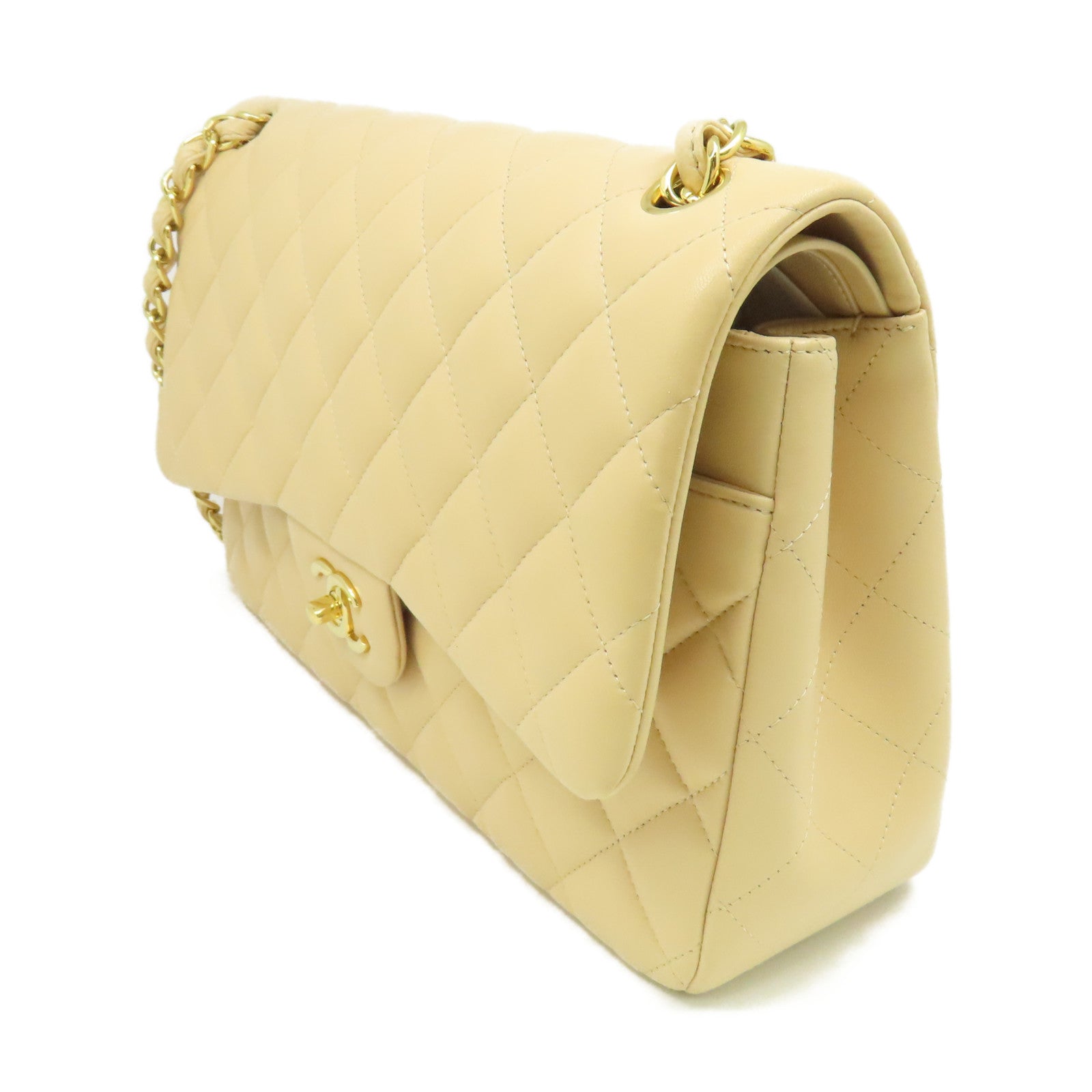 CHANEL 【激減優惠】菱格羊皮皮革Jumbo Chain Shoulder Bag金扣鏈帶肩背袋杏色