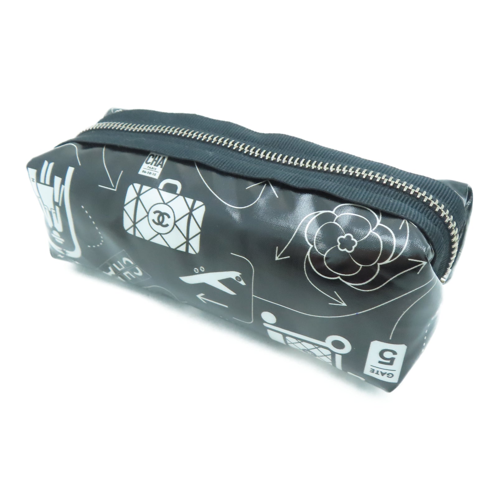 CHANEL 塗層尼龍Pencil Case銀扣手拿包黑色/白色