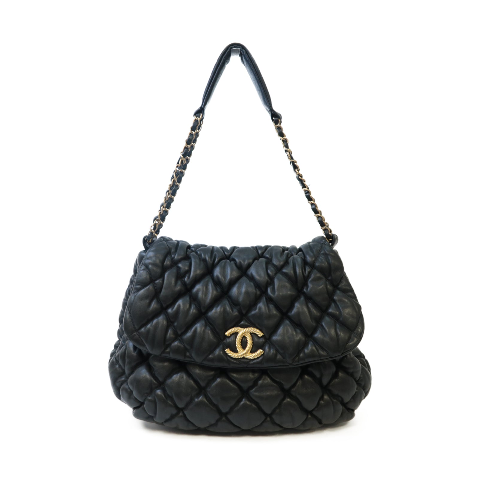 CHANEL 菱格牛皮皮革Chain Shoulder金扣鏈帶肩背袋黑色