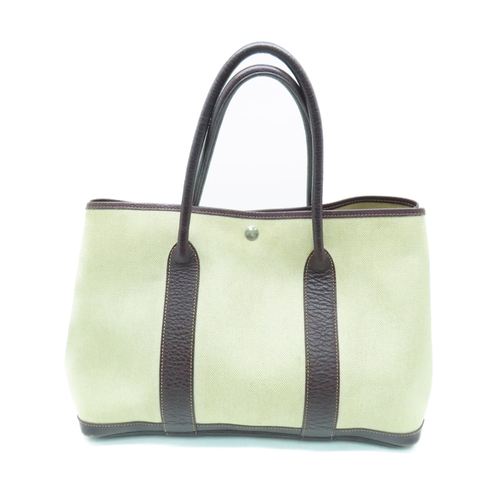 HERMES Toile H帆布GardenParty PM银扣手挽袋白色/棕色