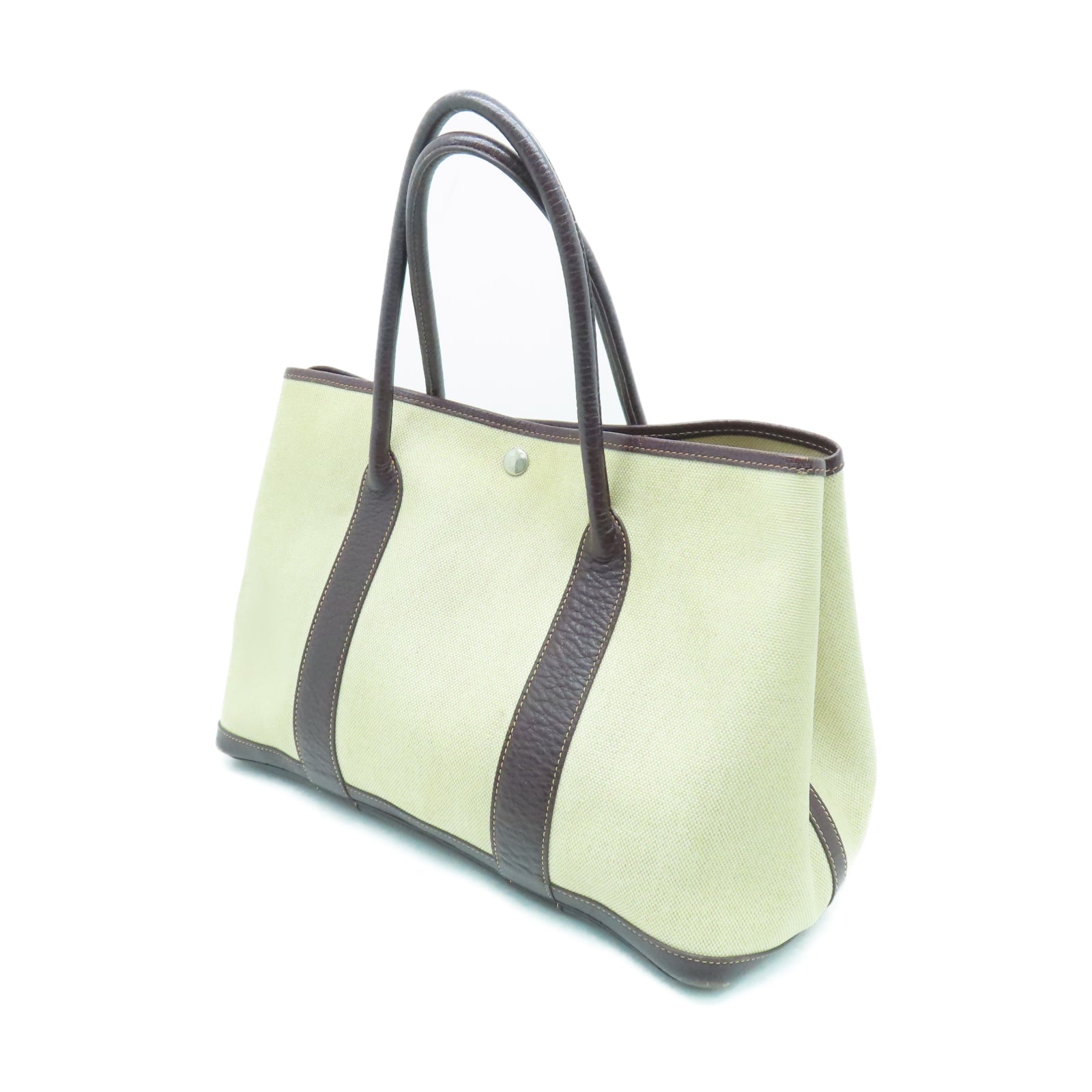 HERMES Toile H帆布GardenParty PM银扣手挽袋白色/棕色