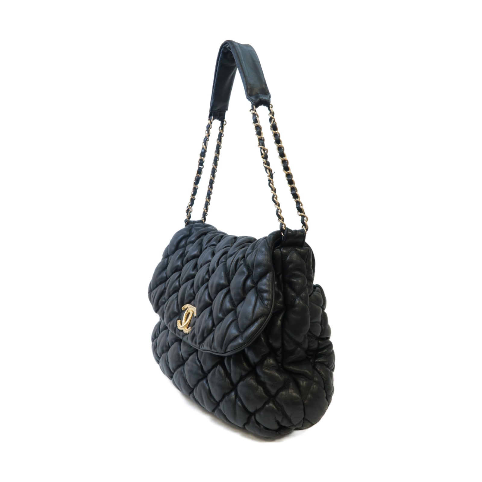 CHANEL 菱格牛皮皮革Chain Shoulder金扣鏈帶肩背袋黑色