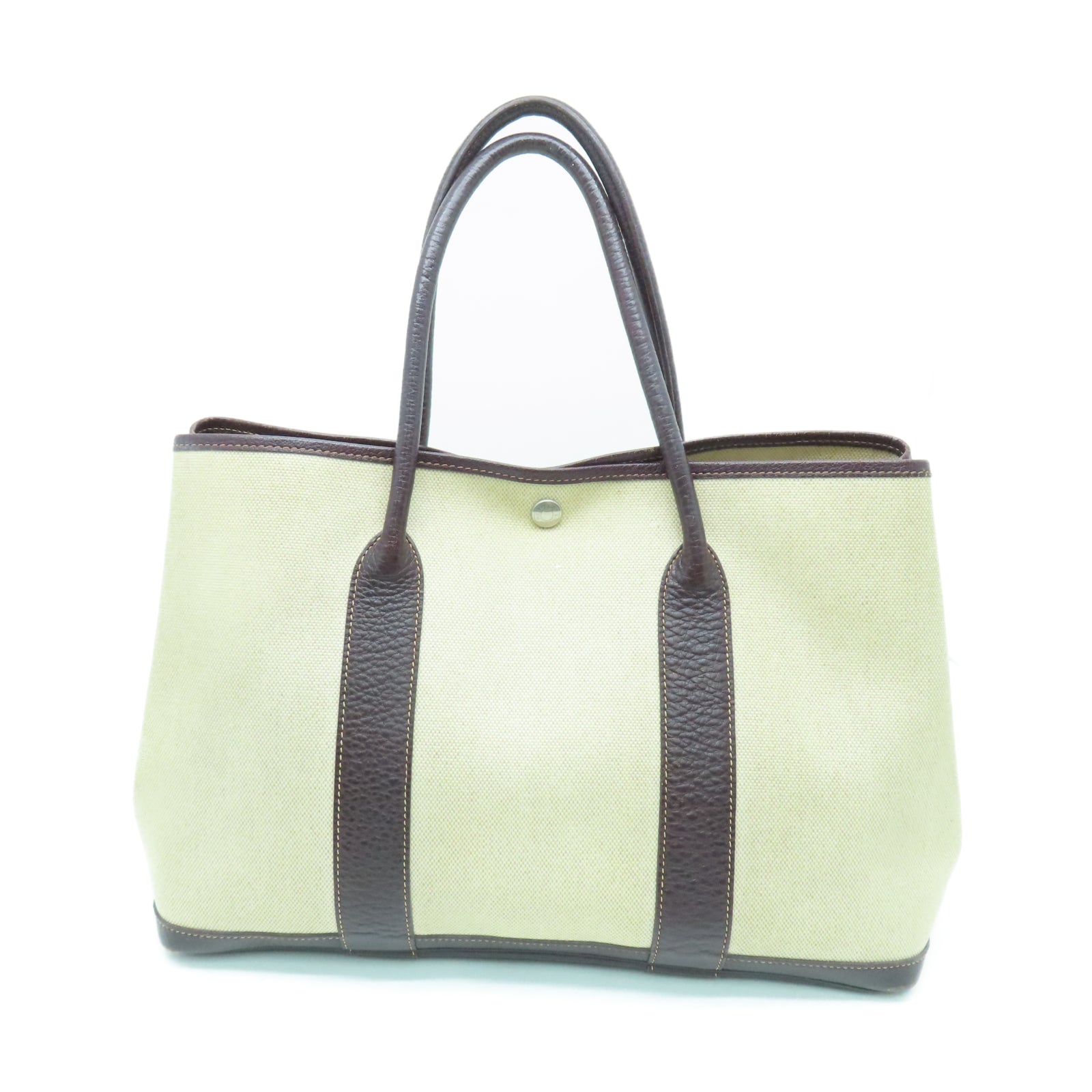 HERMES Toile H帆布GardenParty PM银扣手挽袋白色/棕色