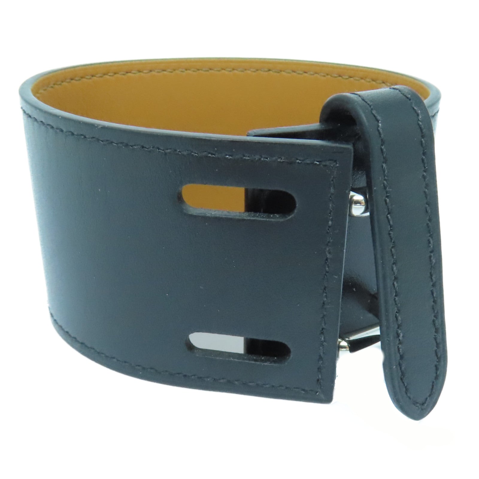 HERMES Box Calf皮革Cuir Izy Bracele银扣手链黑色