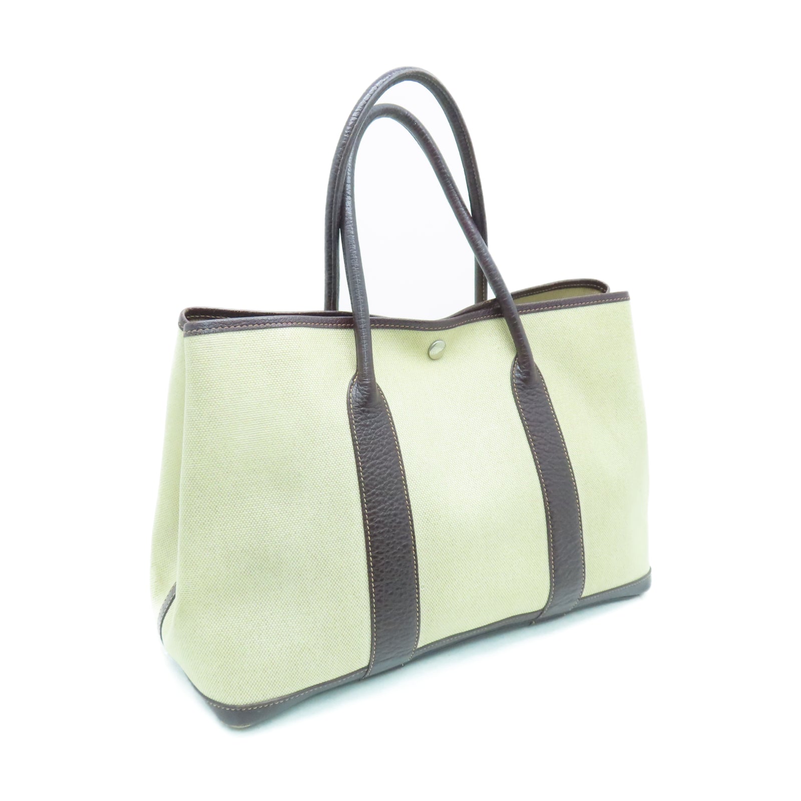 HERMES Toile H帆布GardenParty PM银扣手挽袋白色/棕色