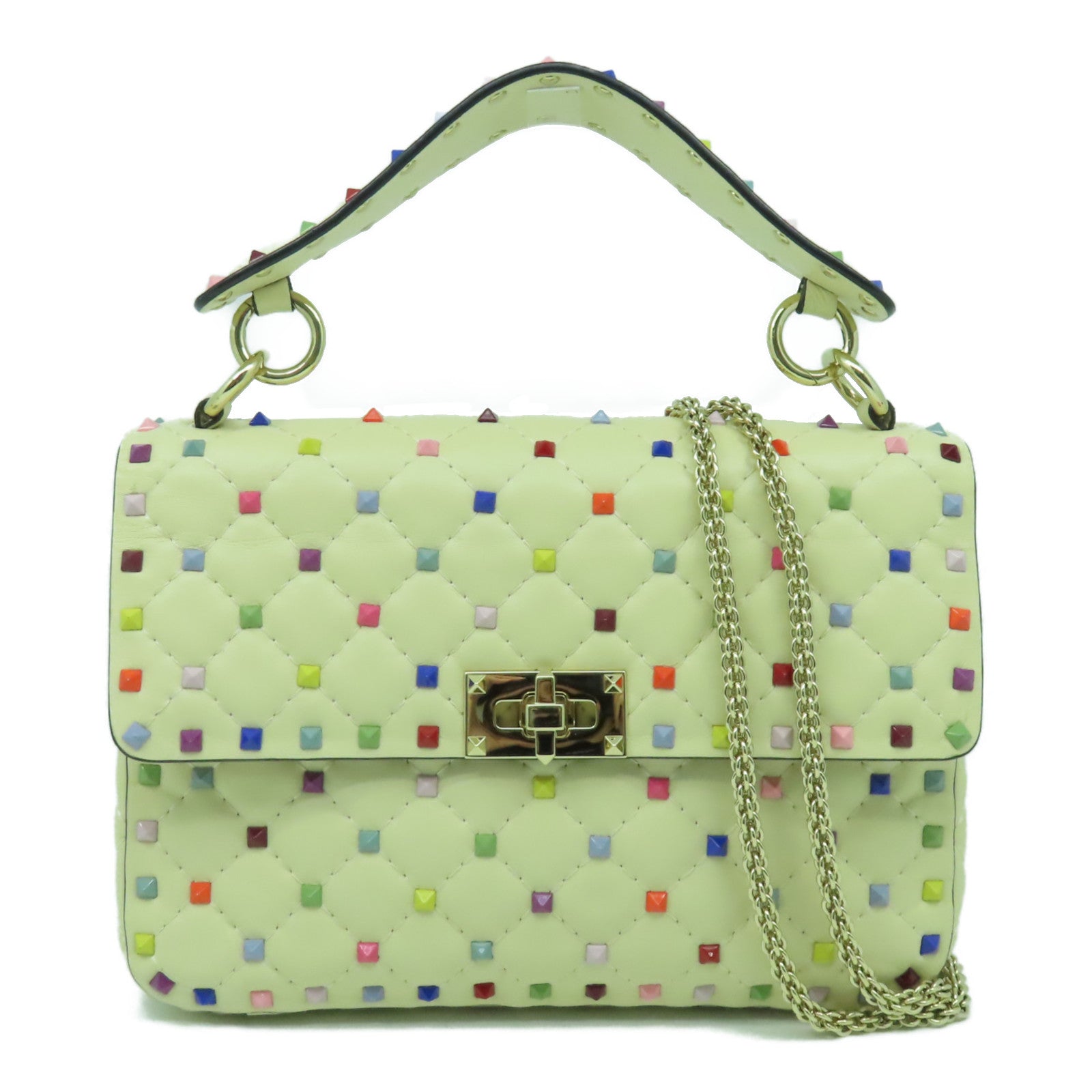 Valentino 菱格牛皮皮革Chain Shoulder Bag金扣手挽肩背兩用袋米色