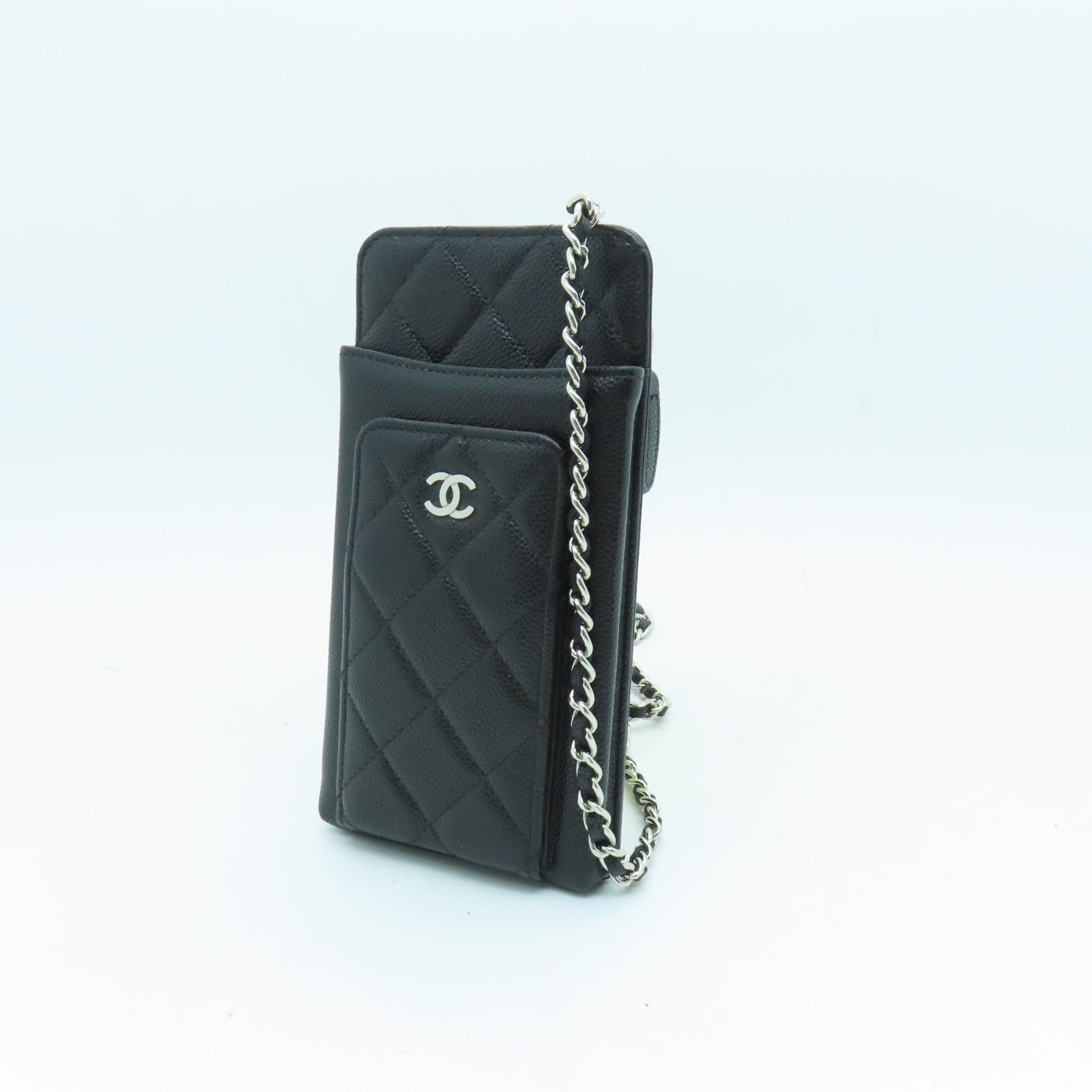 CHANEL 牛皮皮革Phone Case Crossbody銀扣肩背袋黑色– Brand Off