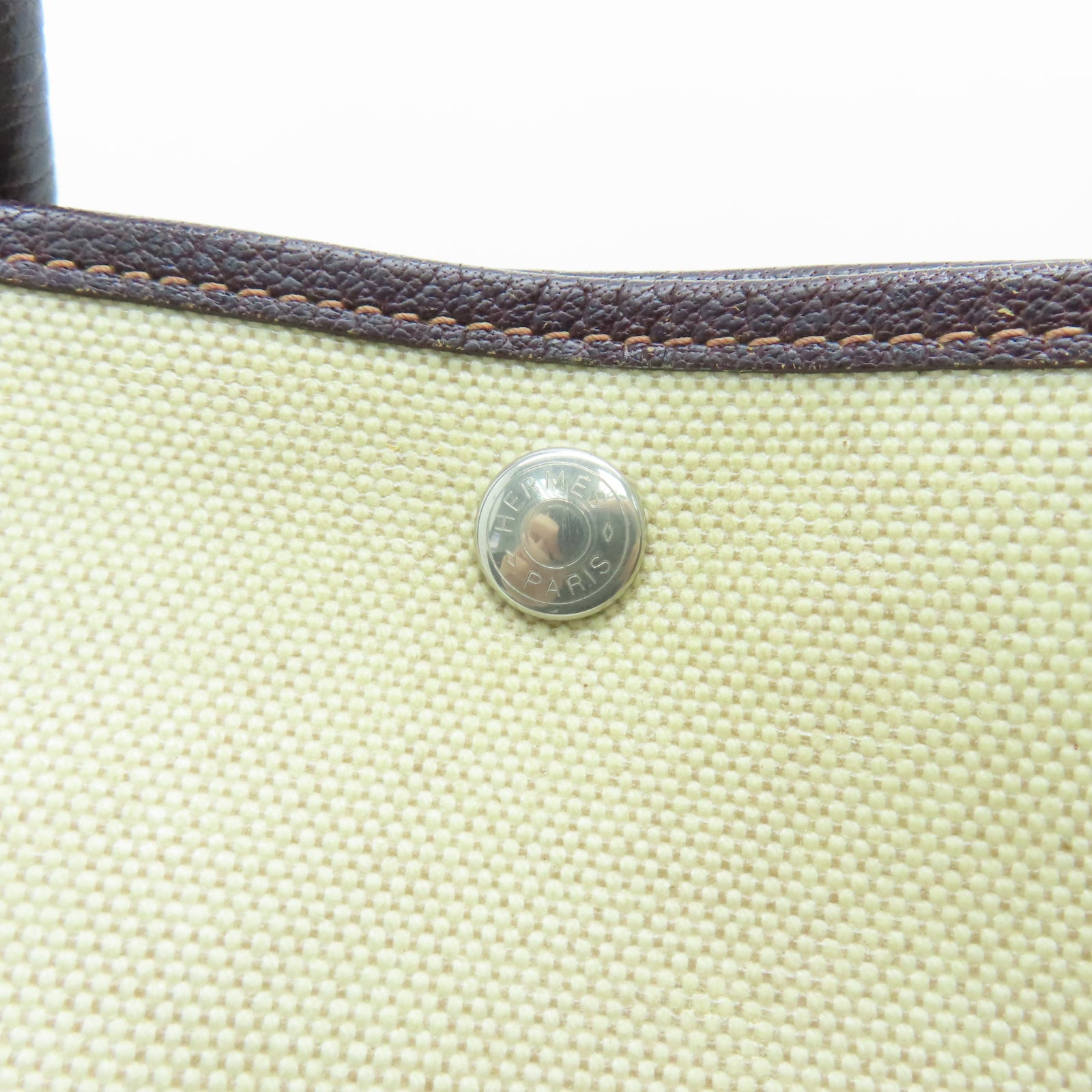 HERMES Toile H帆布GardenParty PM银扣手挽袋白色/棕色