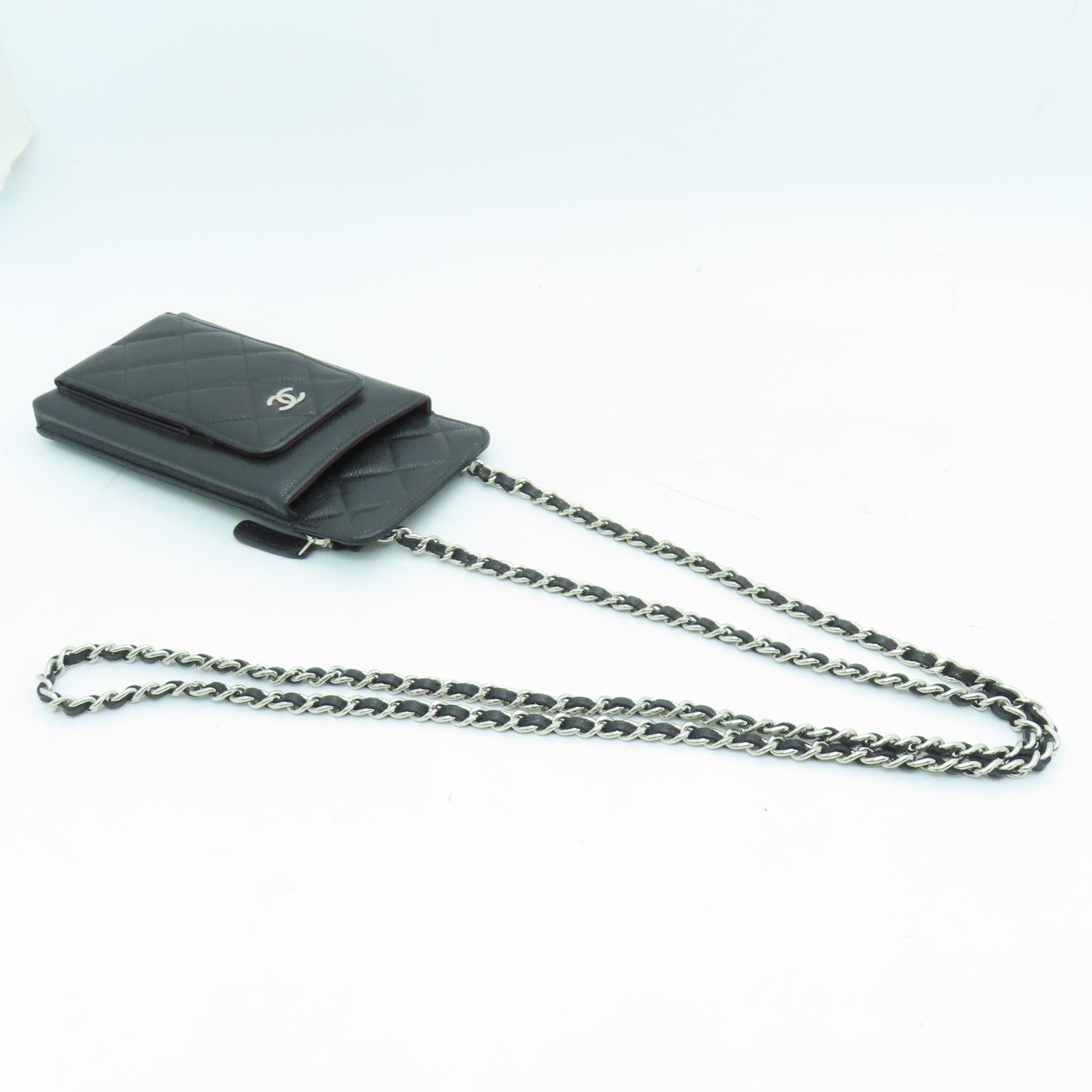 CHANEL 牛皮皮革Phone Case Crossbody銀扣肩背袋黑色