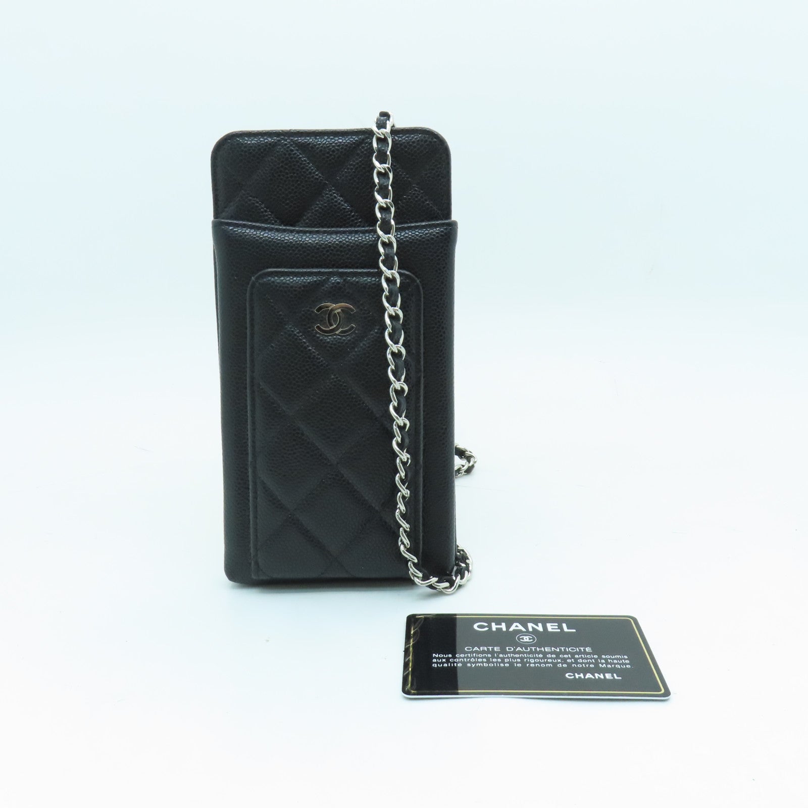 CHANEL 牛皮皮革Phone Case Crossbody銀扣肩背袋黑色