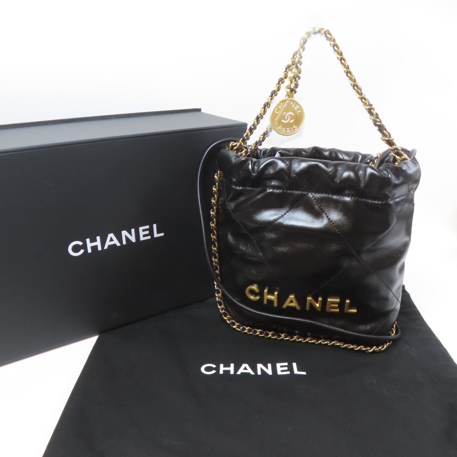 CHANEL 菱格牛皮皮革Chanel Mini 22金扣手挽肩背兩用袋黑色