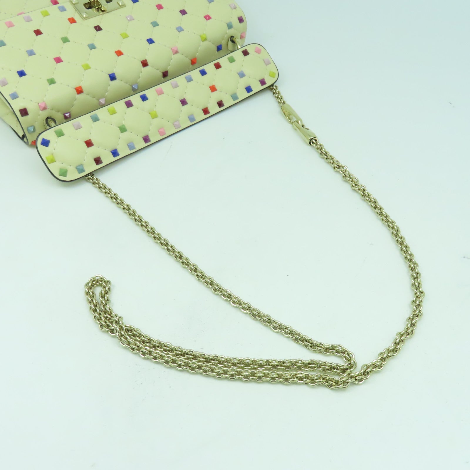 Valentino 菱格牛皮皮革Chain Shoulder Bag金扣手挽肩背兩用袋米色