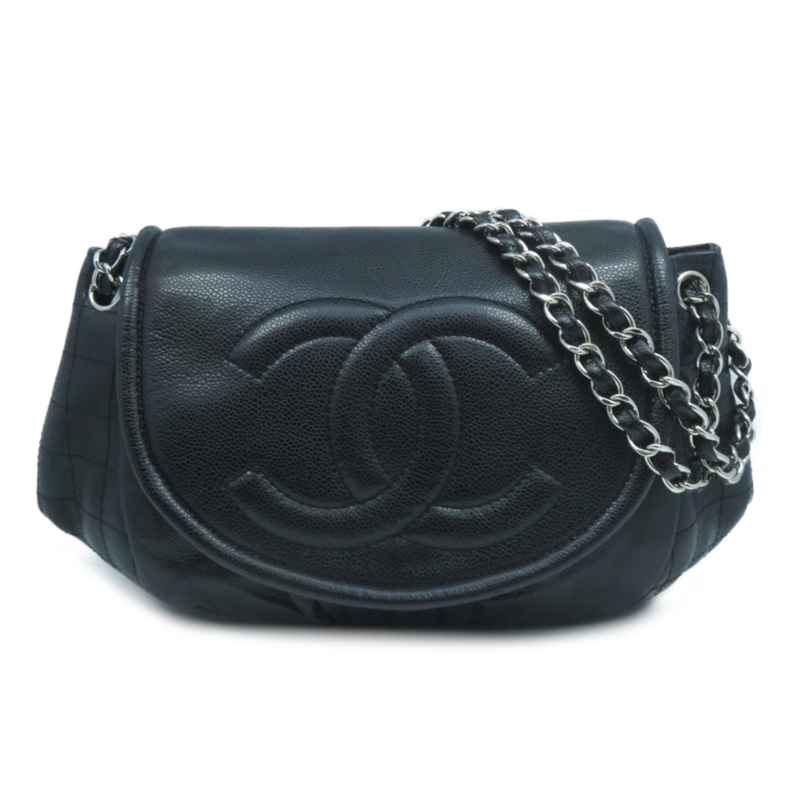 CHANEL Caviar皮革Chain Shoulder Bag銀扣鏈帶肩背袋黑色