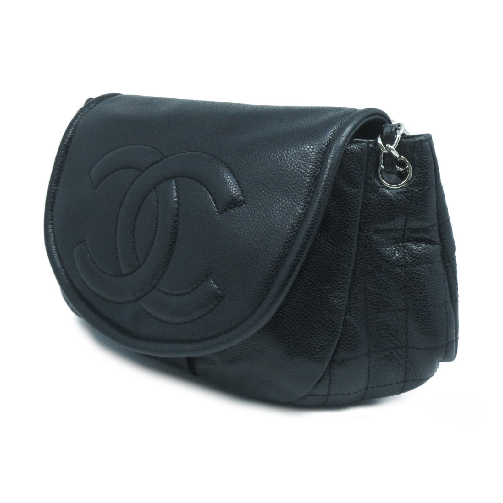 CHANEL Caviar皮革Chain Shoulder Bag銀扣鏈帶肩背袋黑色