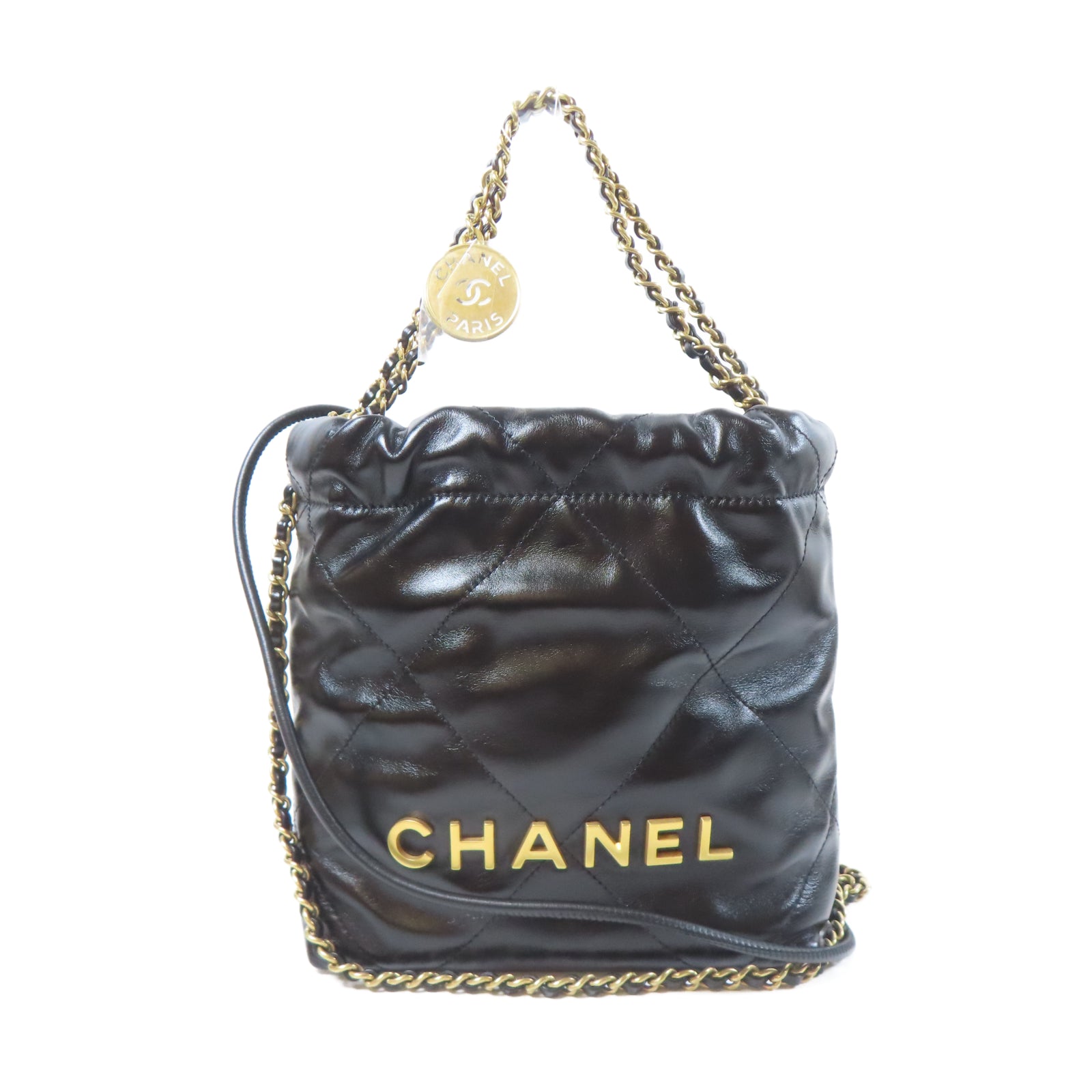 CHANEL 菱格牛皮皮革Chanel Mini 22金扣手挽肩背兩用袋黑色