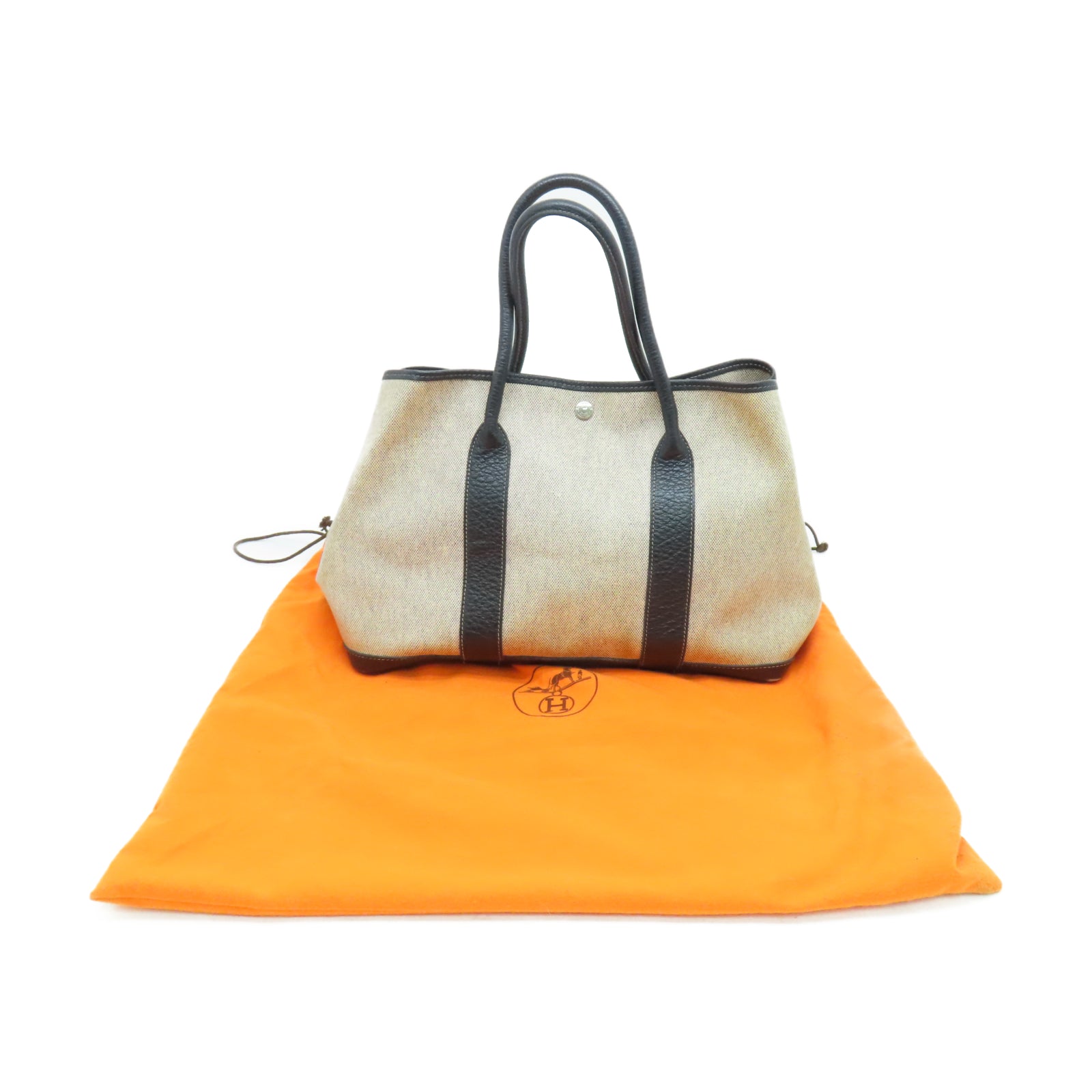 HERMES 帆布GardenParty PM银扣手挽袋米色/黑色