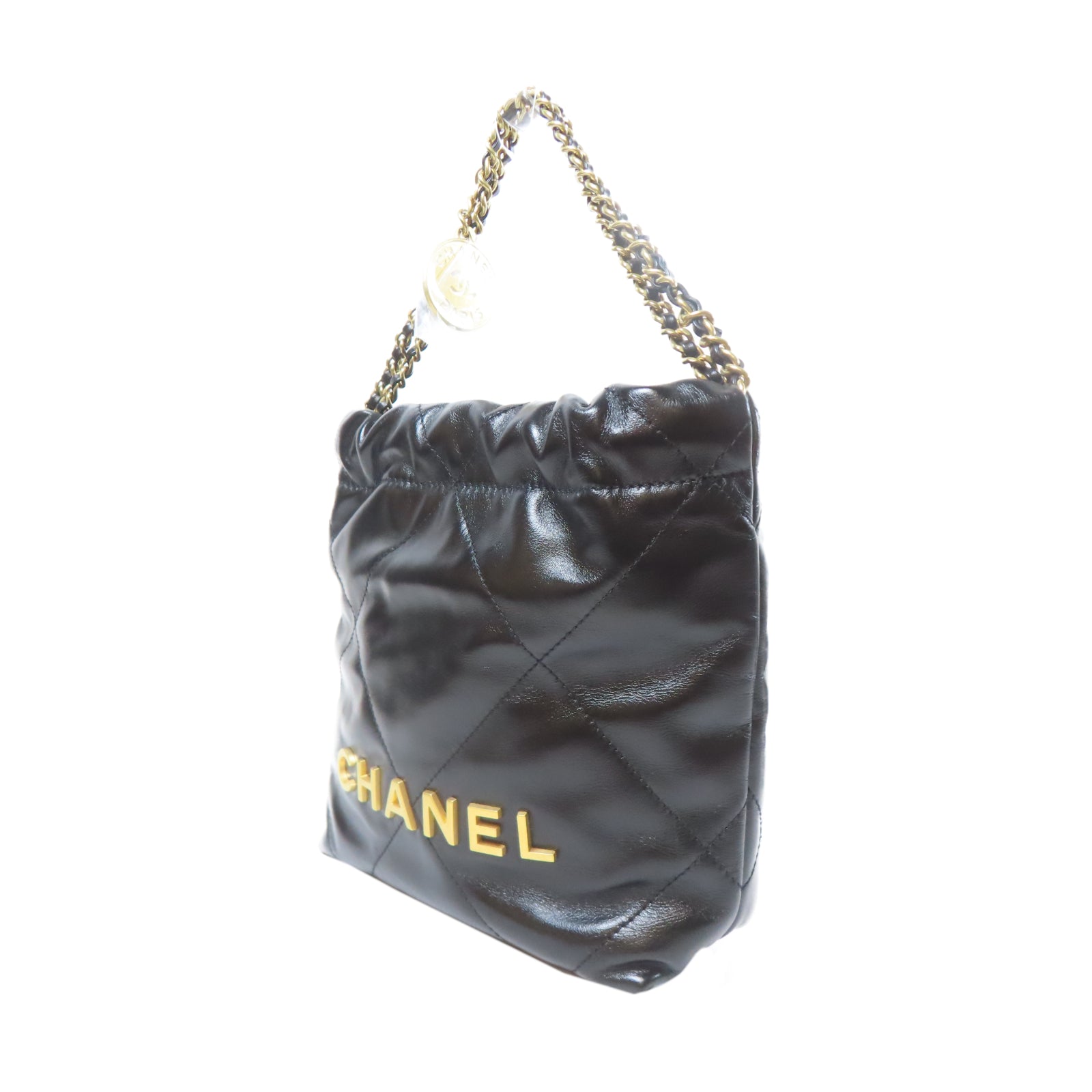 CHANEL 菱格牛皮皮革Chanel Mini 22金扣手挽肩背兩用袋黑色