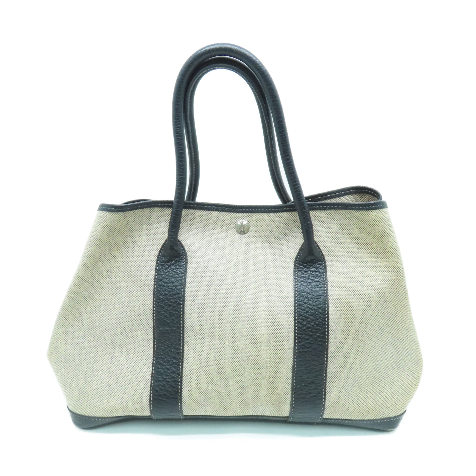 HERMES 帆布GardenParty PM银扣手挽袋米色/黑色