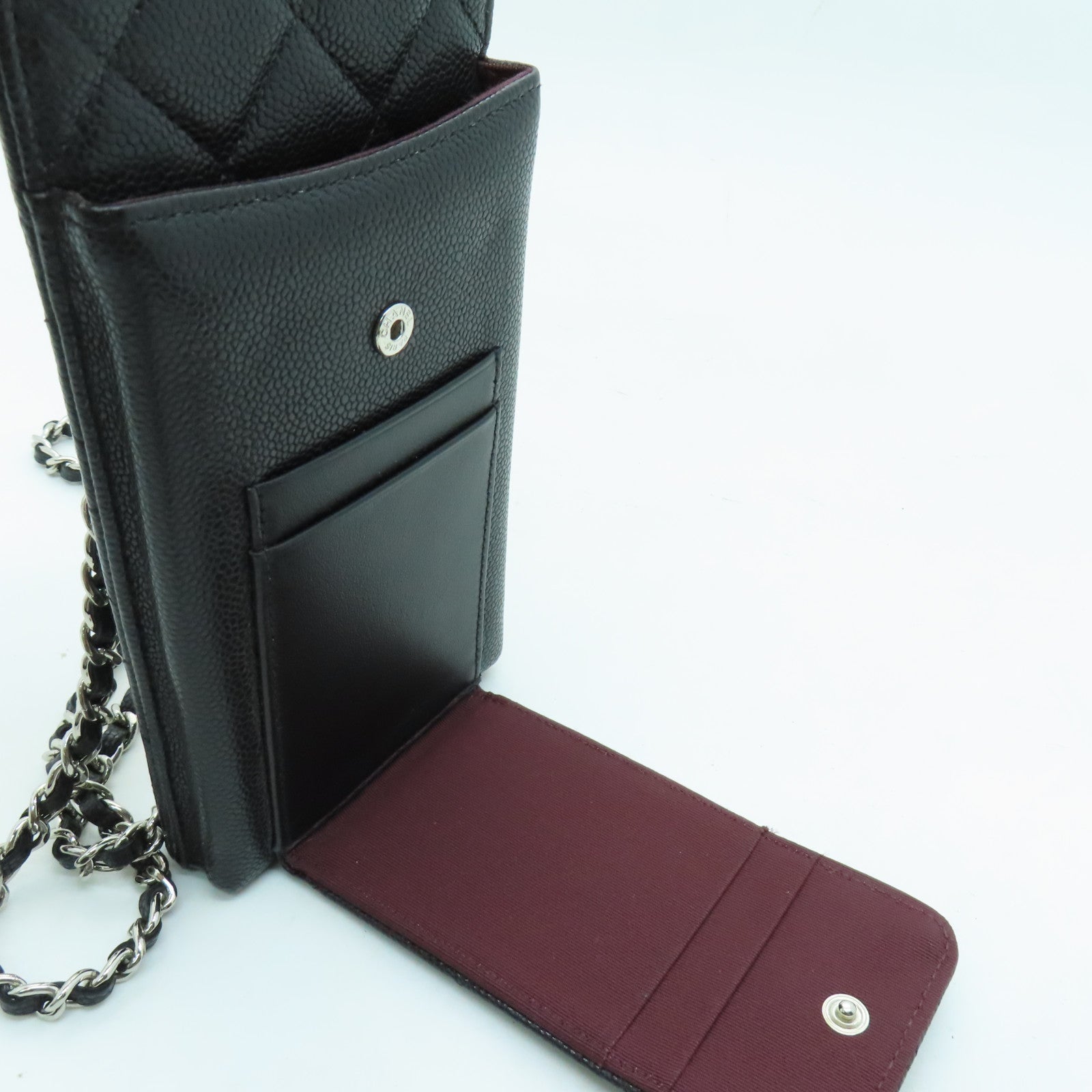 CHANEL 牛皮皮革Phone Case Crossbody銀扣肩背袋黑色