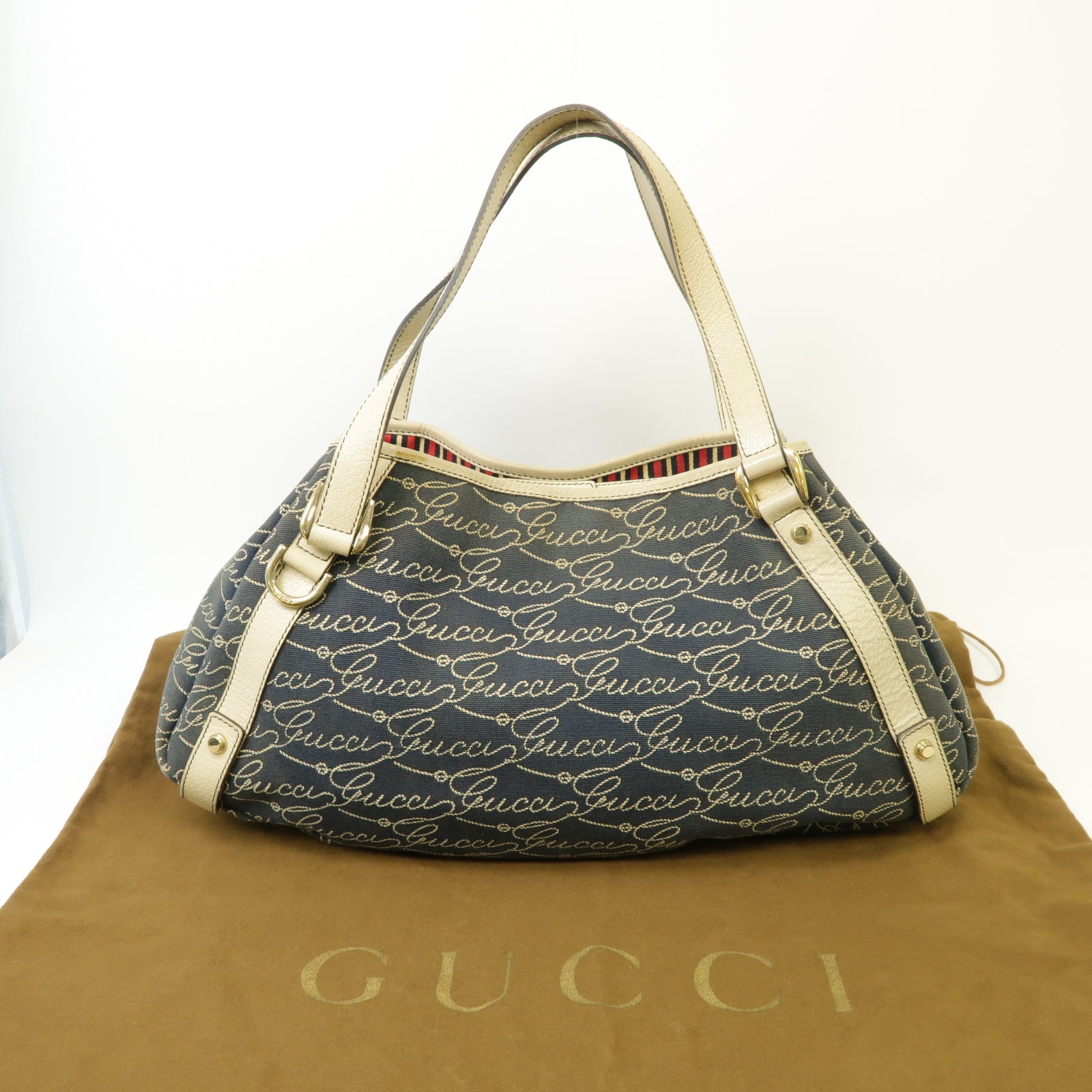 GUCCI 帆布/皮革Abbey Shoulder Bag金扣肩背袋深藍色/白色