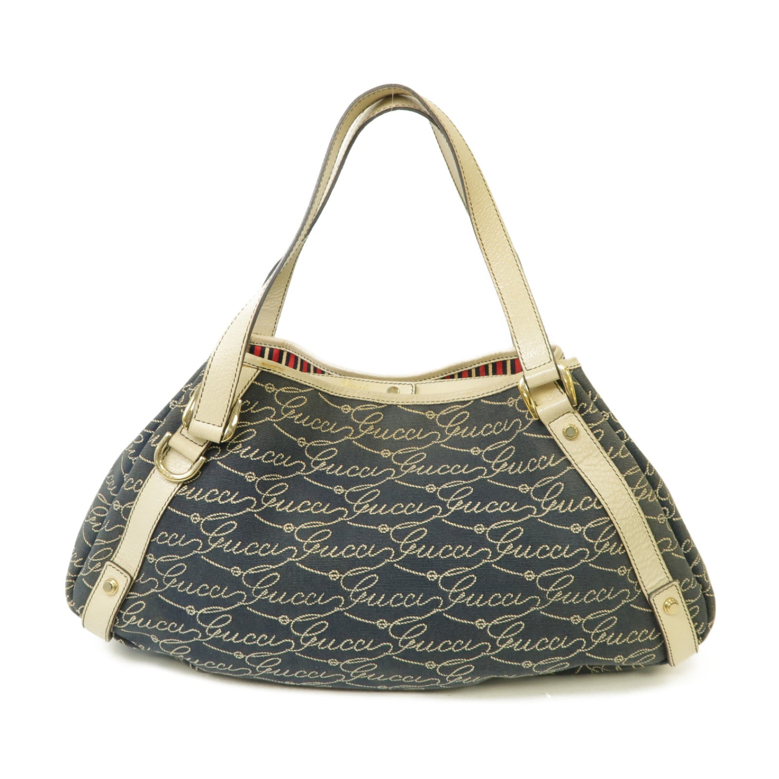 GUCCI 帆布/皮革Abbey Shoulder Bag金扣肩背袋深藍色/白色