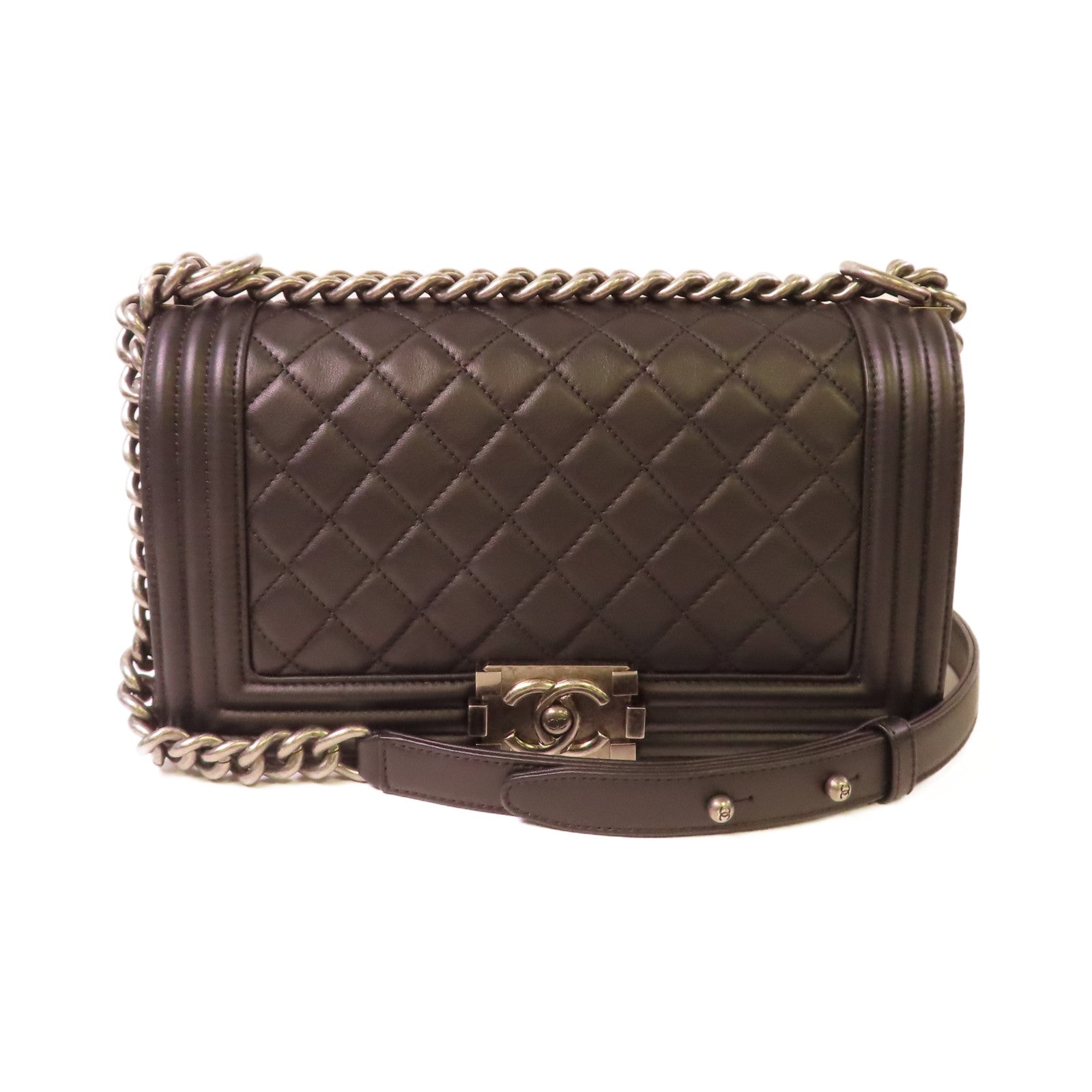 CHANEL 菱格羊皮皮革Boy 25cm Chain Shoulder Bag銀扣鏈帶肩背袋黑色