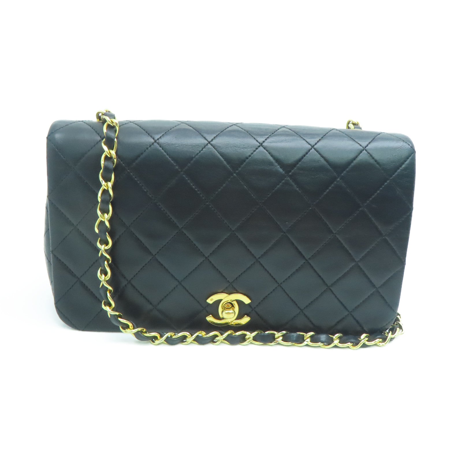 CHANEL 菱格羊皮皮革Chain Shoulder金扣鏈帶肩背袋黑色