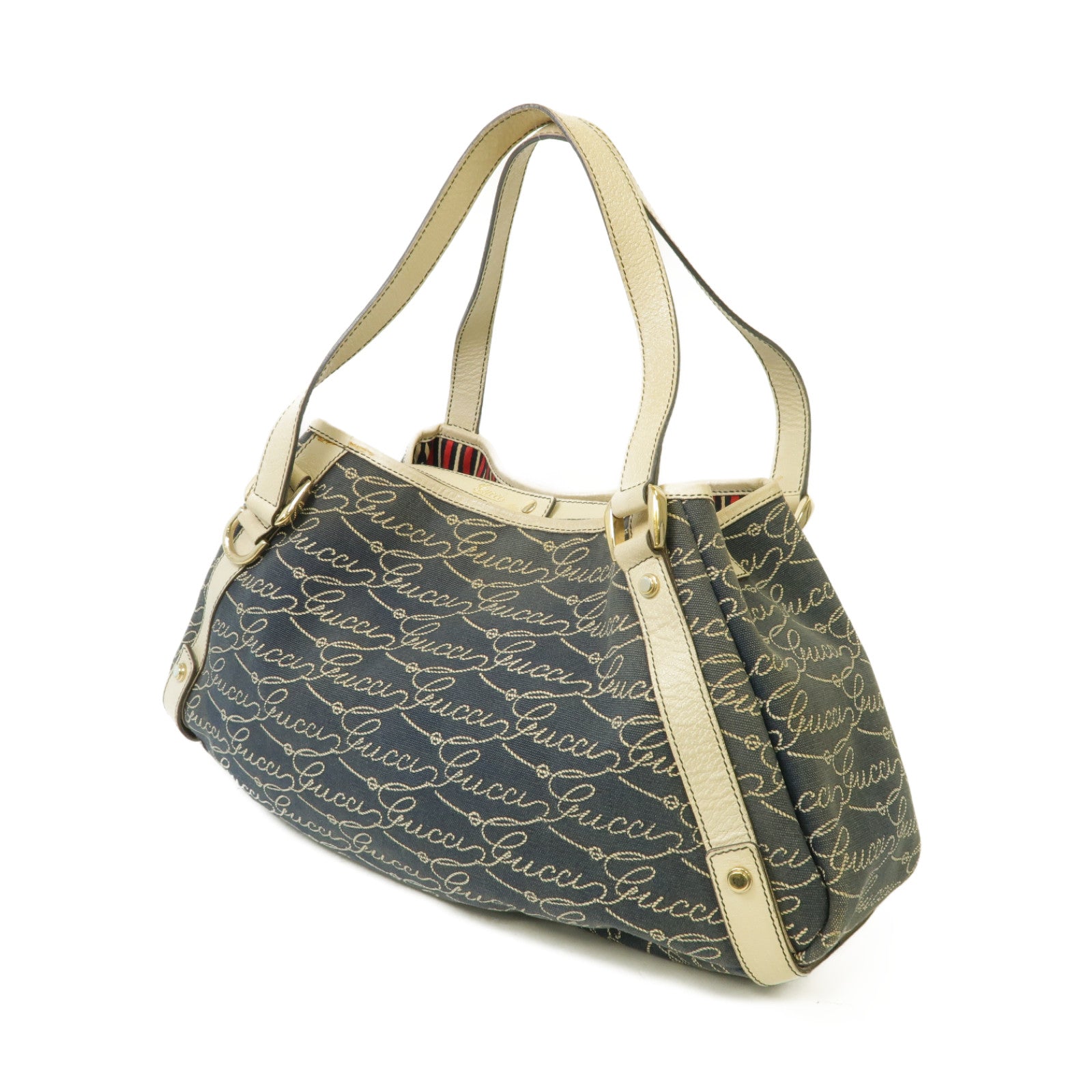 GUCCI 帆布/皮革Abbey Shoulder Bag金扣肩背袋深藍色/白色