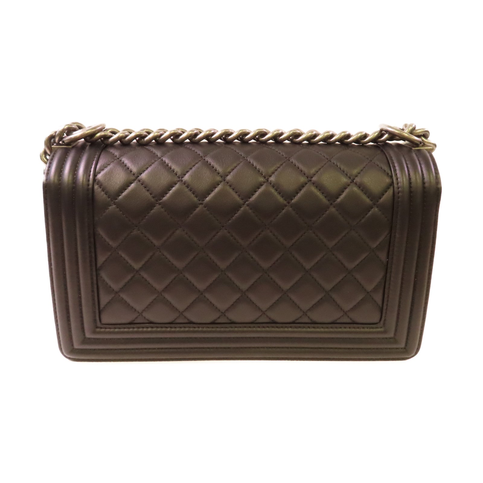CHANEL 菱格羊皮皮革Boy 25cm Chain Shoulder Bag銀扣鏈帶肩背袋黑色
