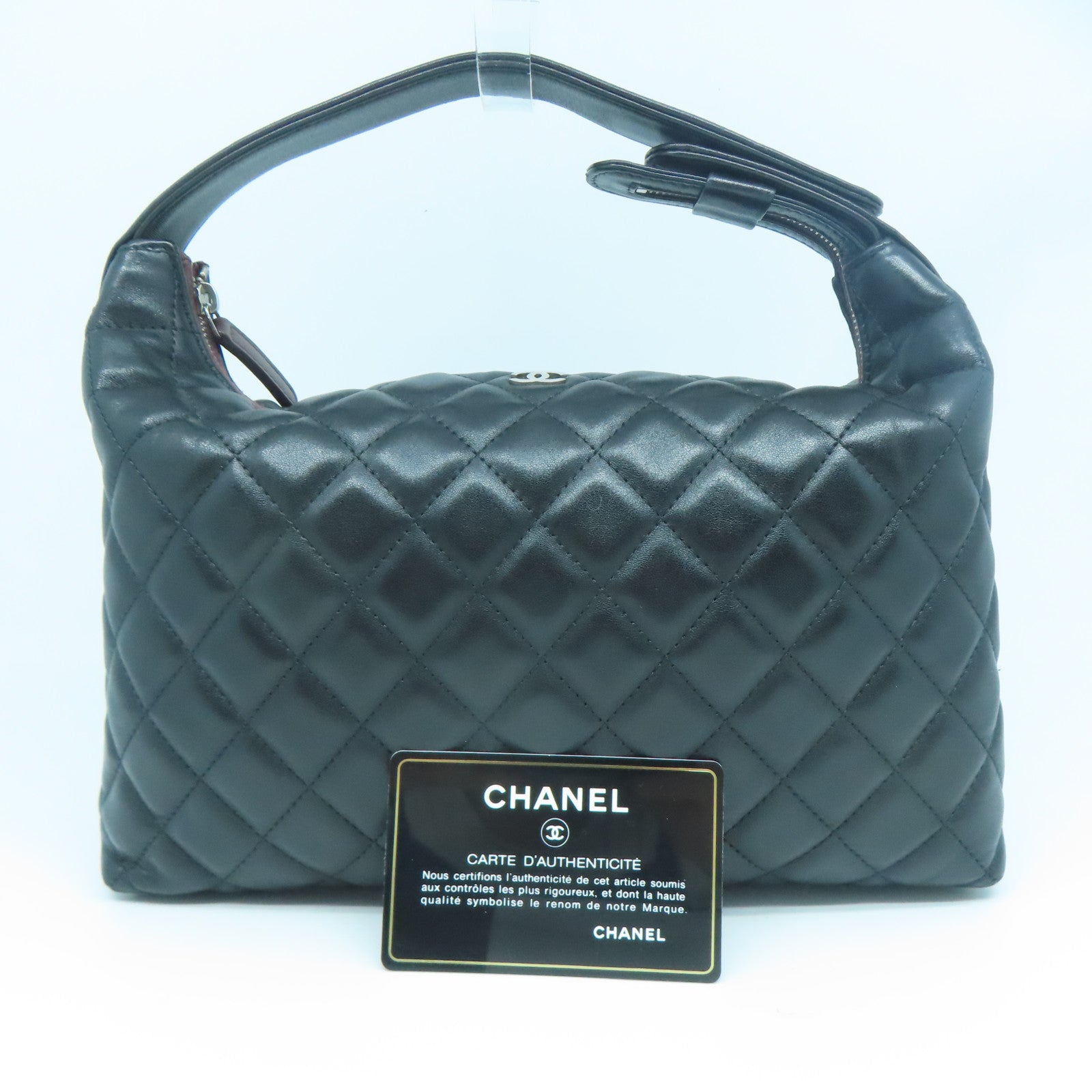 CHANEL 菱格羊皮皮革Handbag銀扣手挽袋黑色