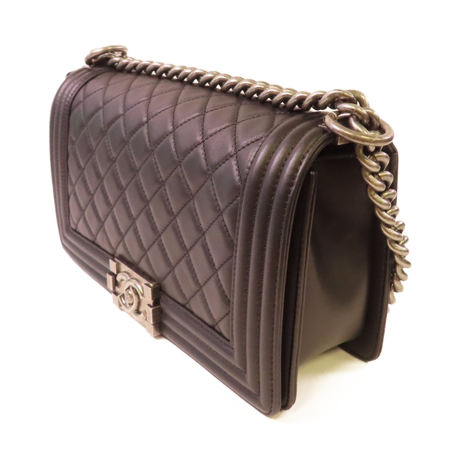 CHANEL 菱格羊皮皮革Boy 25cm Chain Shoulder Bag銀扣鏈帶肩背袋黑色