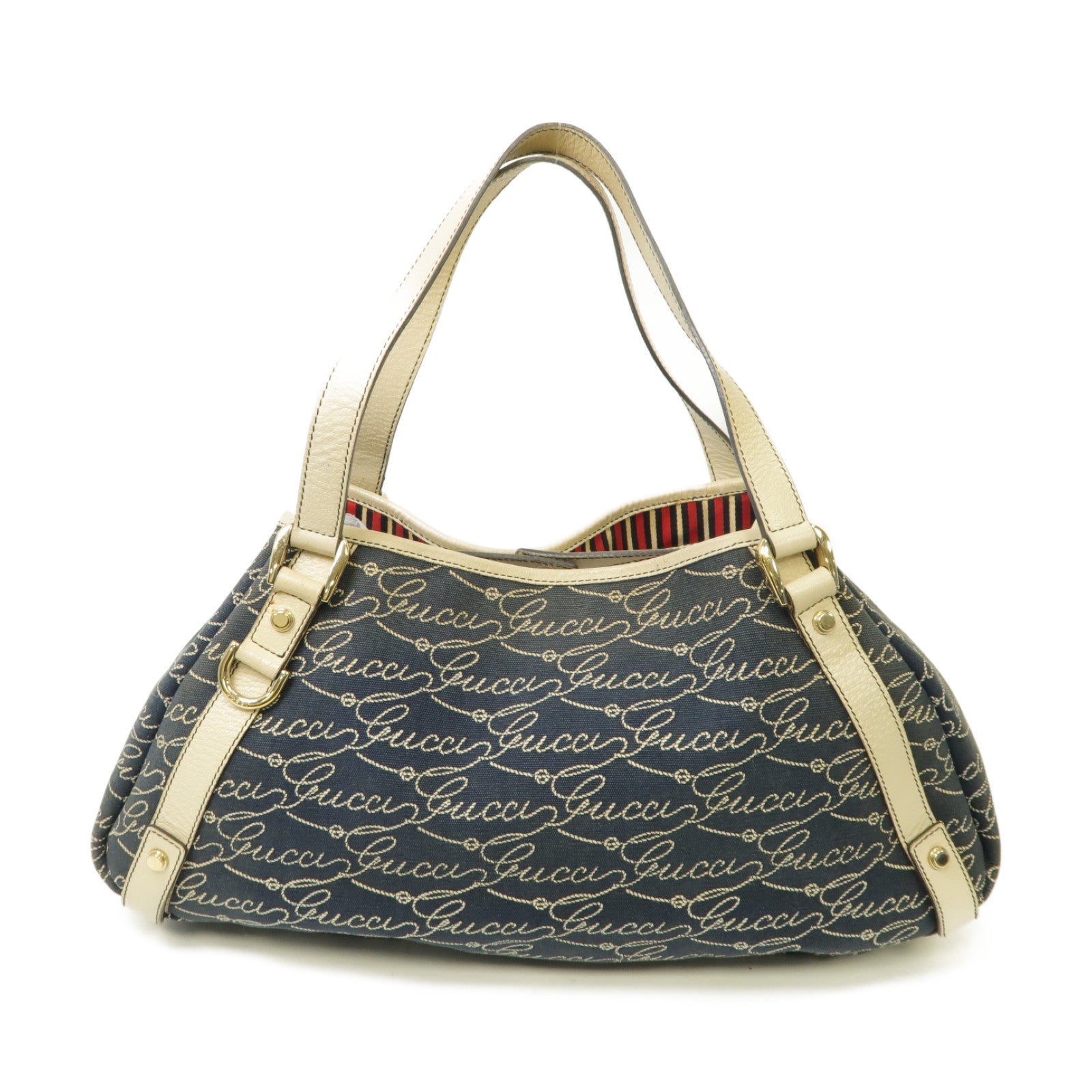 GUCCI 帆布/皮革Abbey Shoulder Bag金扣肩背袋深藍色/白色