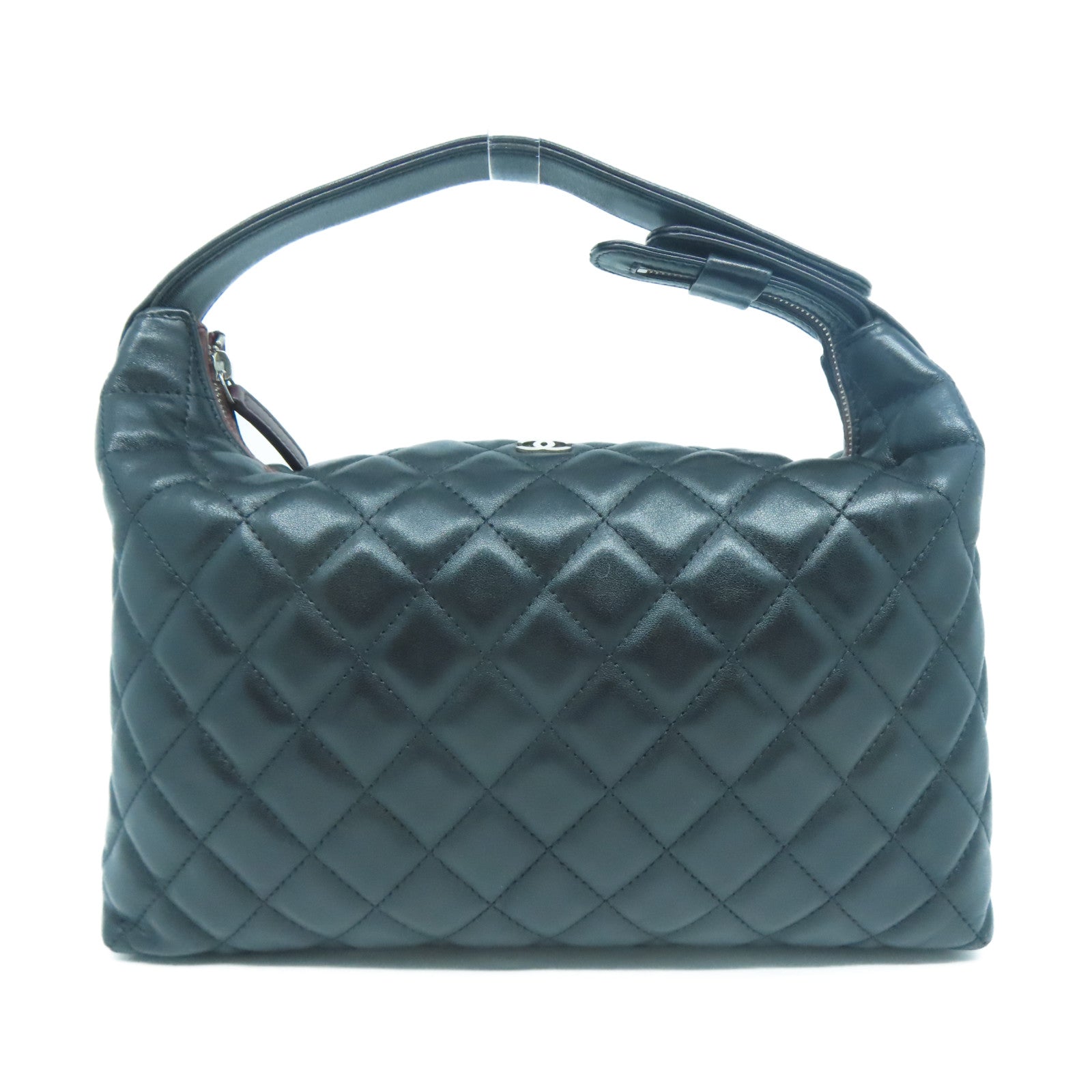 CHANEL 菱格羊皮皮革Handbag銀扣手挽袋黑色