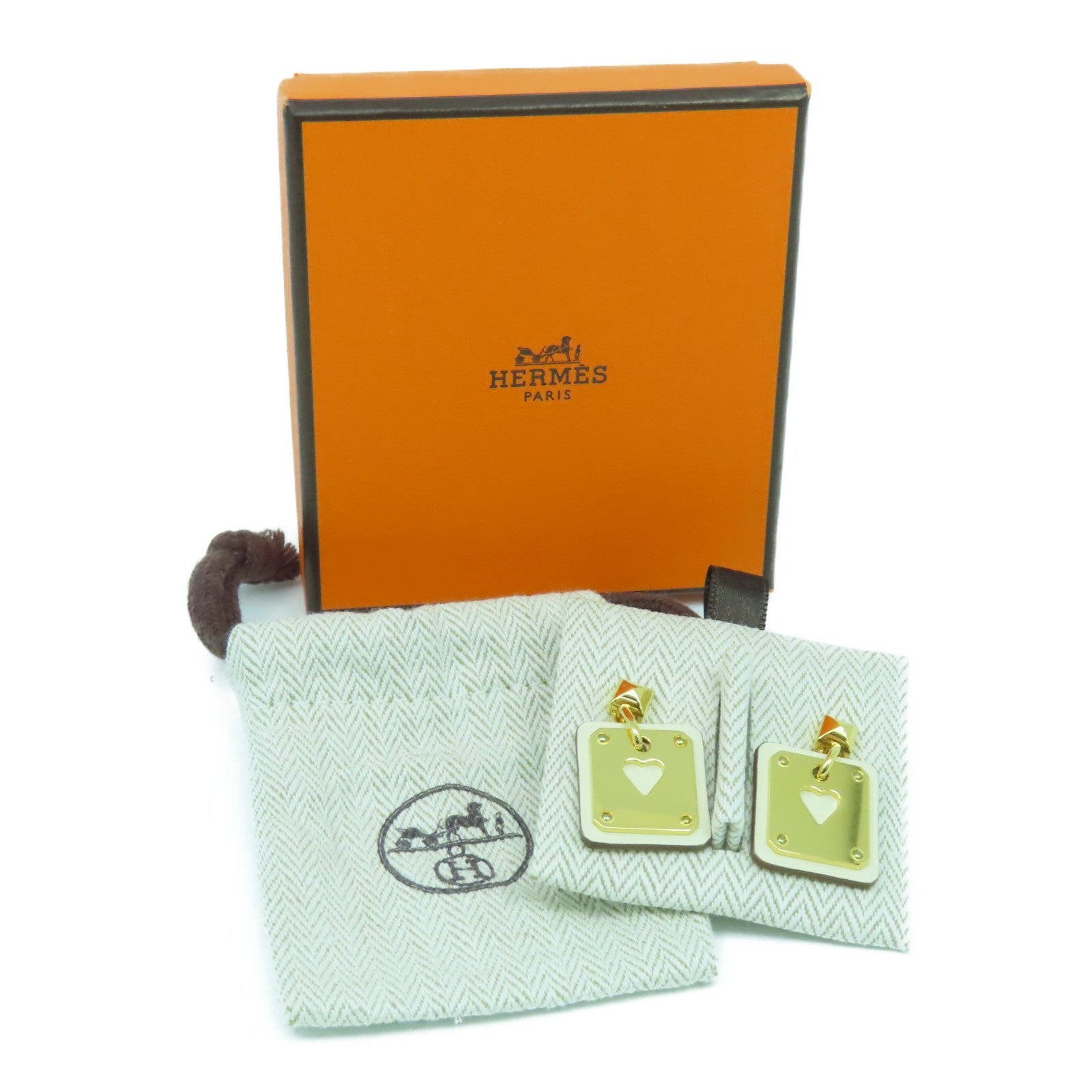 HERMES 金屬/Swift皮革As de Coeur Earrings金扣耳環金色/Nata奶油白色