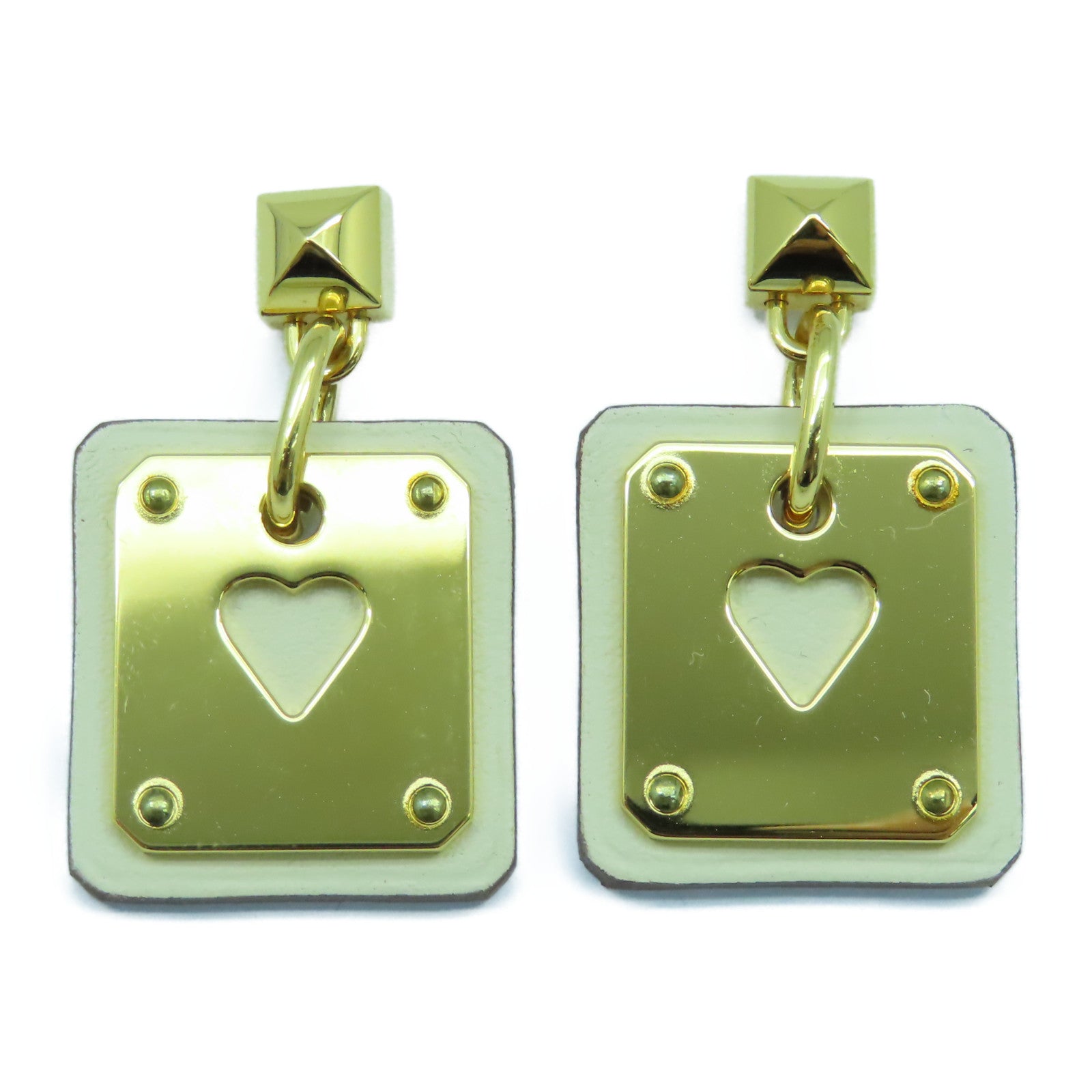 HERMES 金屬/Swift皮革As de Coeur Earrings金扣耳環金色/Nata奶油白色