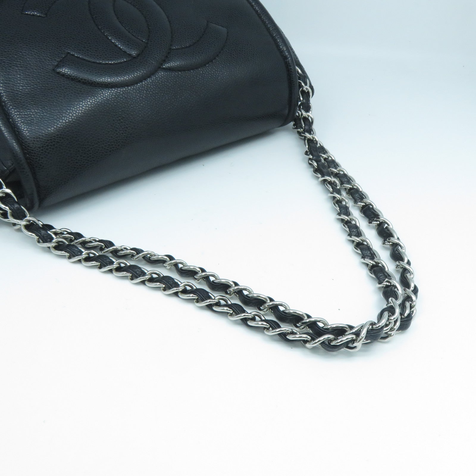 CHANEL Caviar皮革Chain Shoulder Bag銀扣鏈帶肩背袋黑色