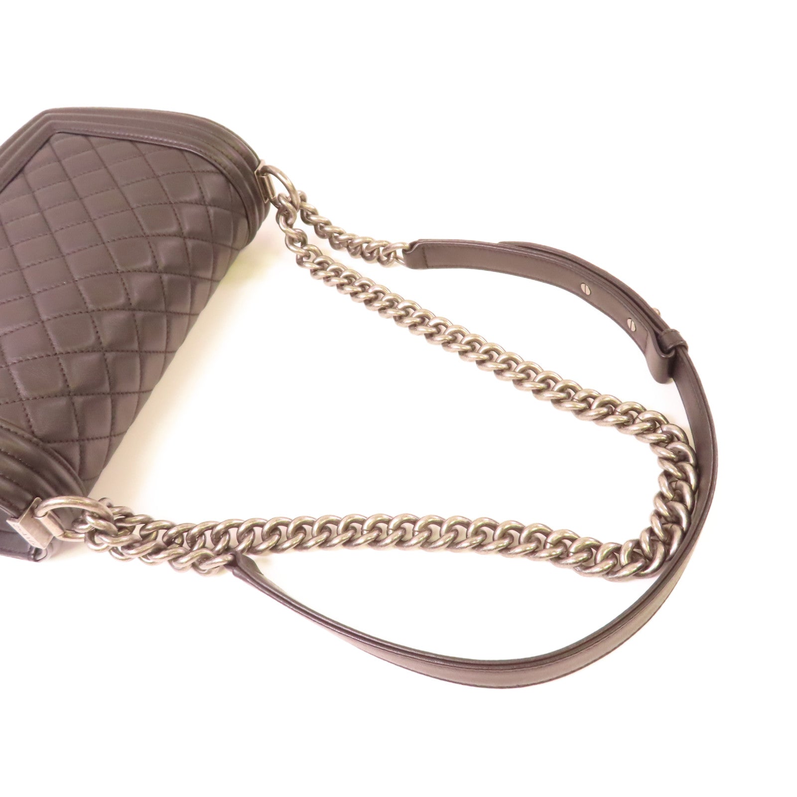 CHANEL 菱格羊皮皮革Boy 25cm Chain Shoulder Bag銀扣鏈帶肩背袋黑色