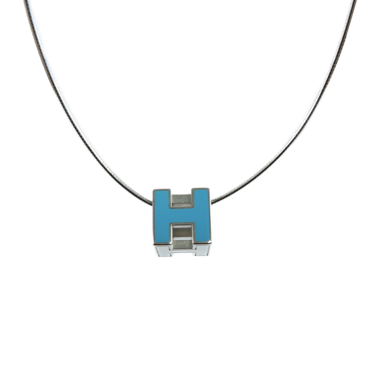 HERMES 925純銀Cage D'H銀扣項鍊孔雀藍色