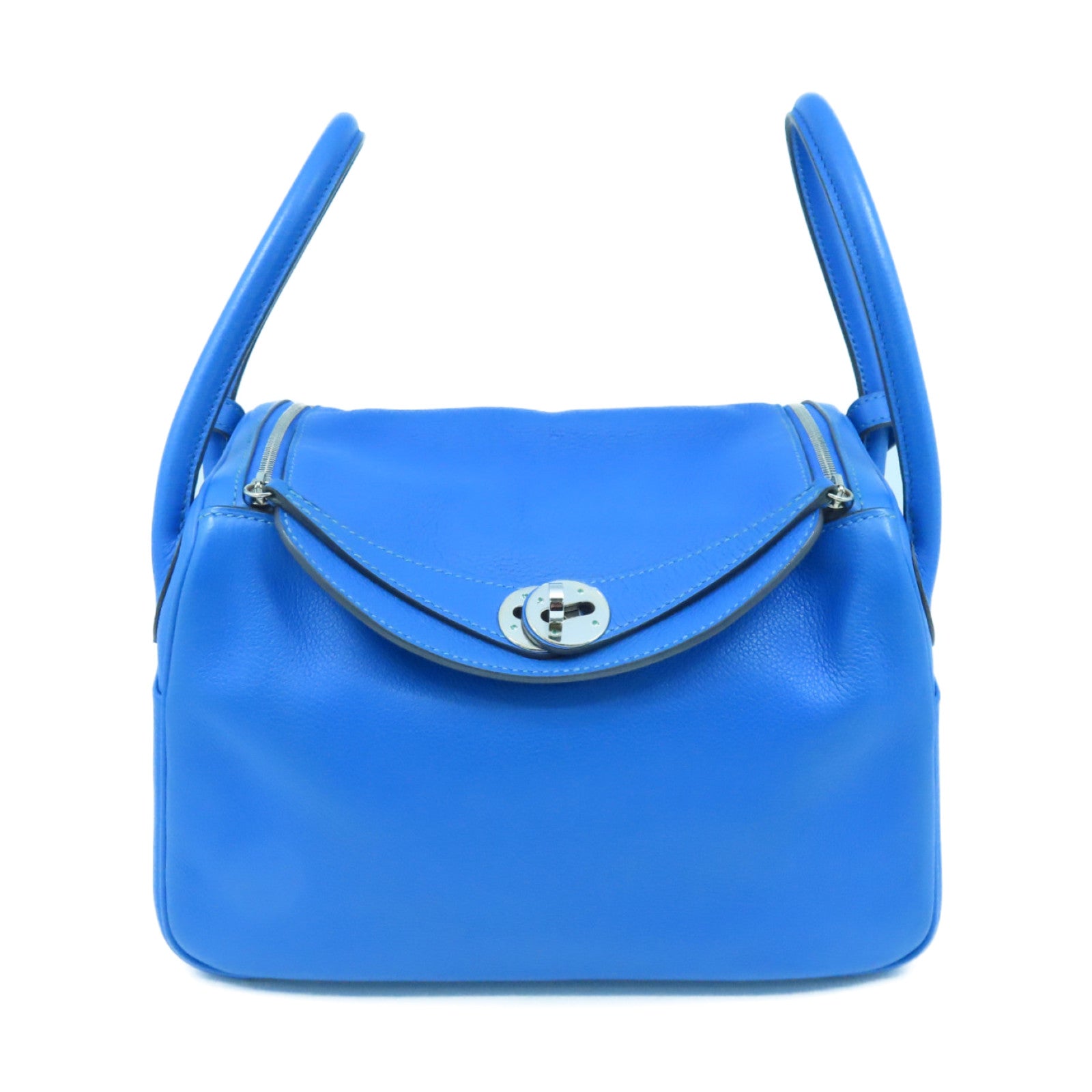 HERMES Evercolor皮革Lindy 26银扣手挽肩背两用袋Bleu Hydra蓝色