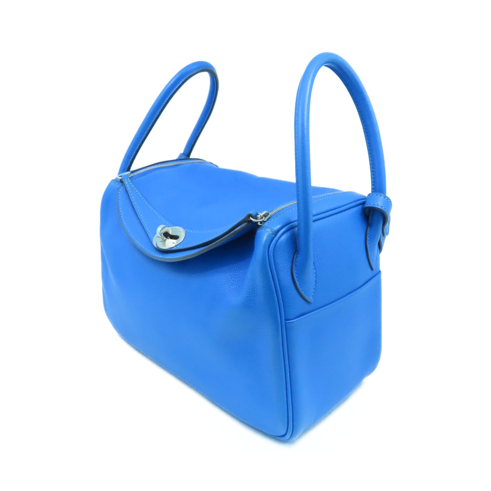 HERMES Evercolor皮革Lindy 26银扣手挽肩背两用袋Bleu Hydra蓝色